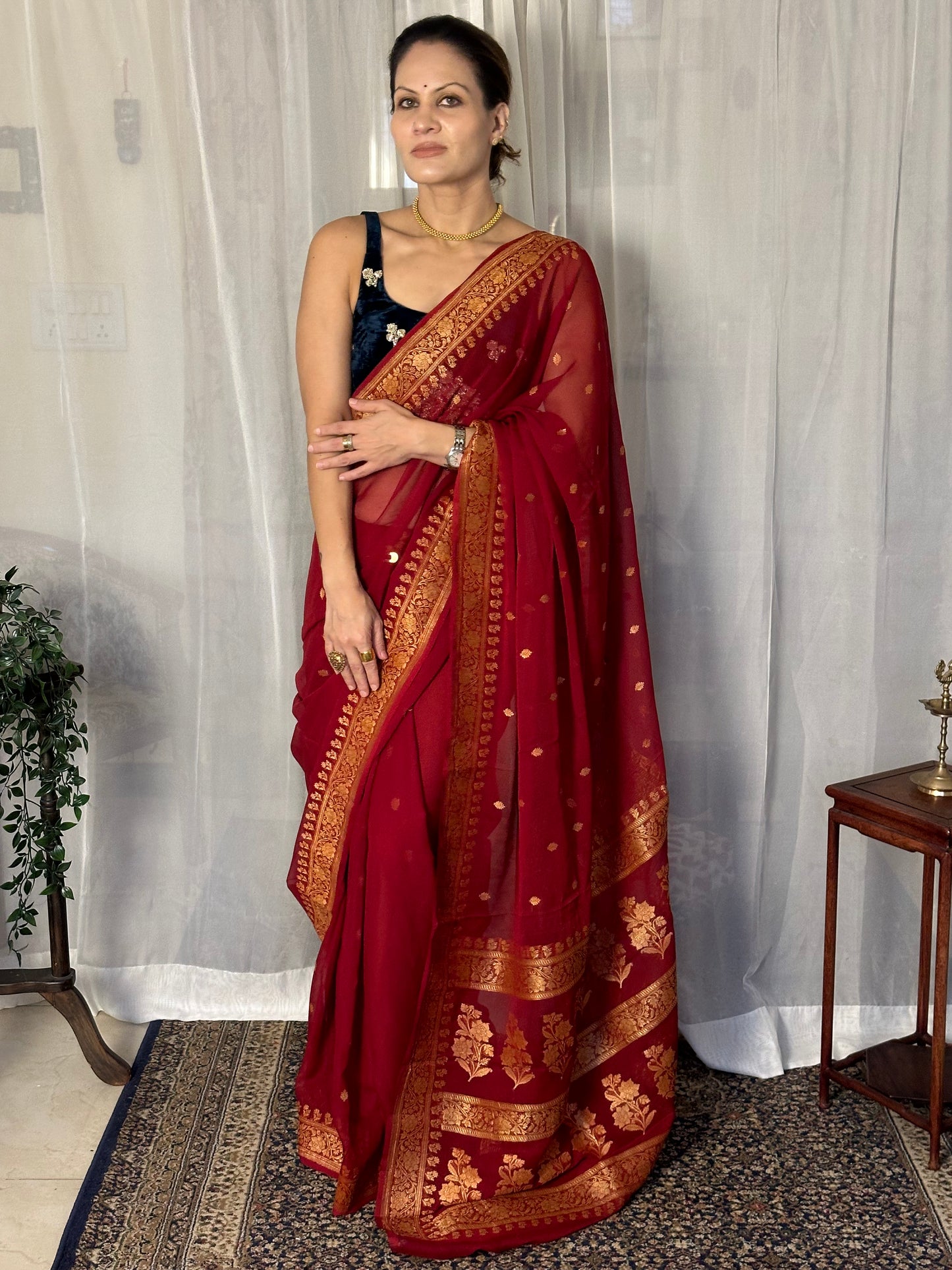 Red Pure Chiffon Khaddi Banarasi Sari with Intricate Gold Zari Work