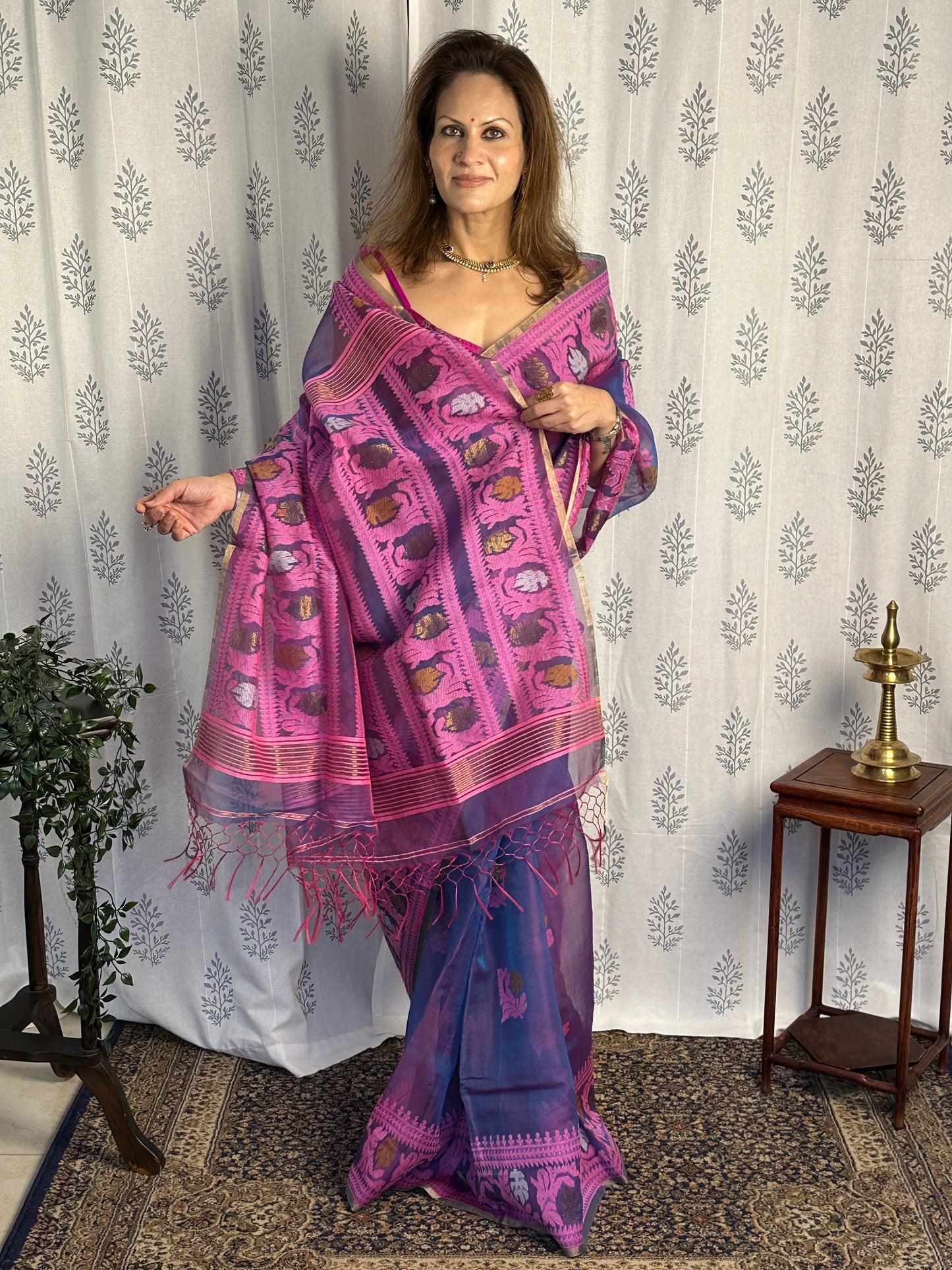 Blue, Purple, & Pink Multi Shade Pure Muslin Silk Handloom Jamdani Saree