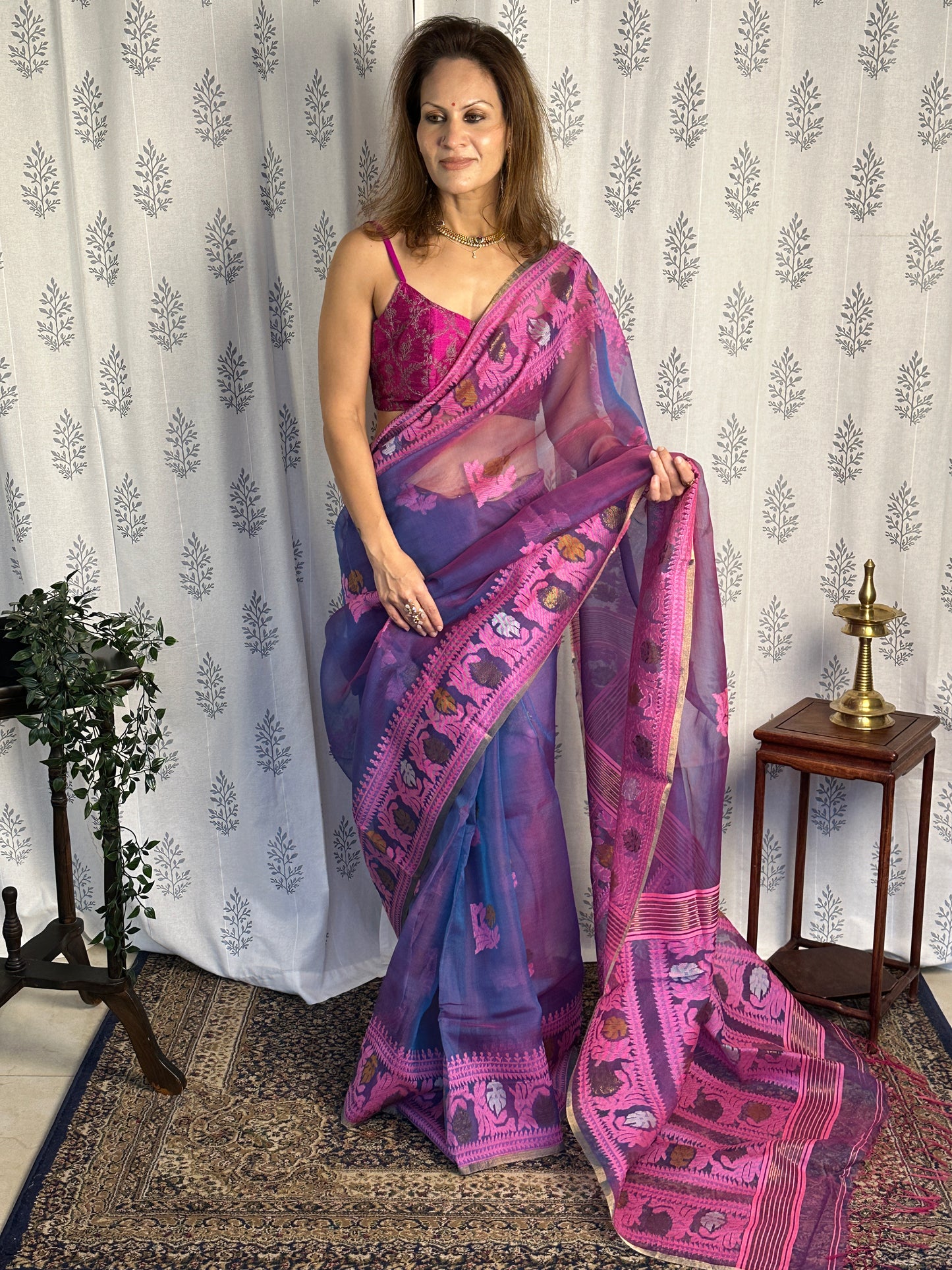 Blue, Purple, & Pink Multi Shade Pure Muslin Silk Handloom Jamdani Saree