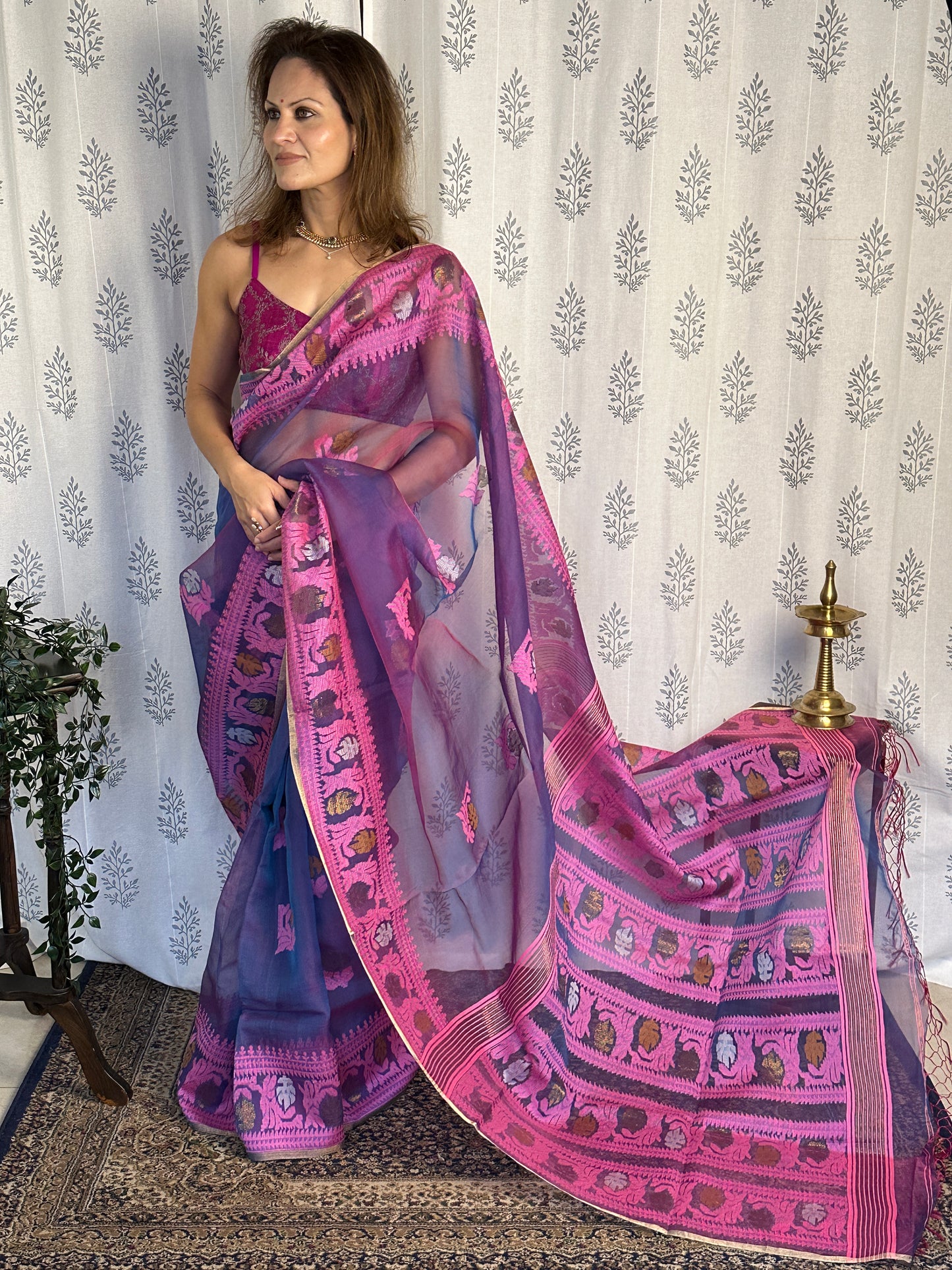 Blue, Purple, & Pink Multi Shade Pure Muslin Silk Handloom Jamdani Saree