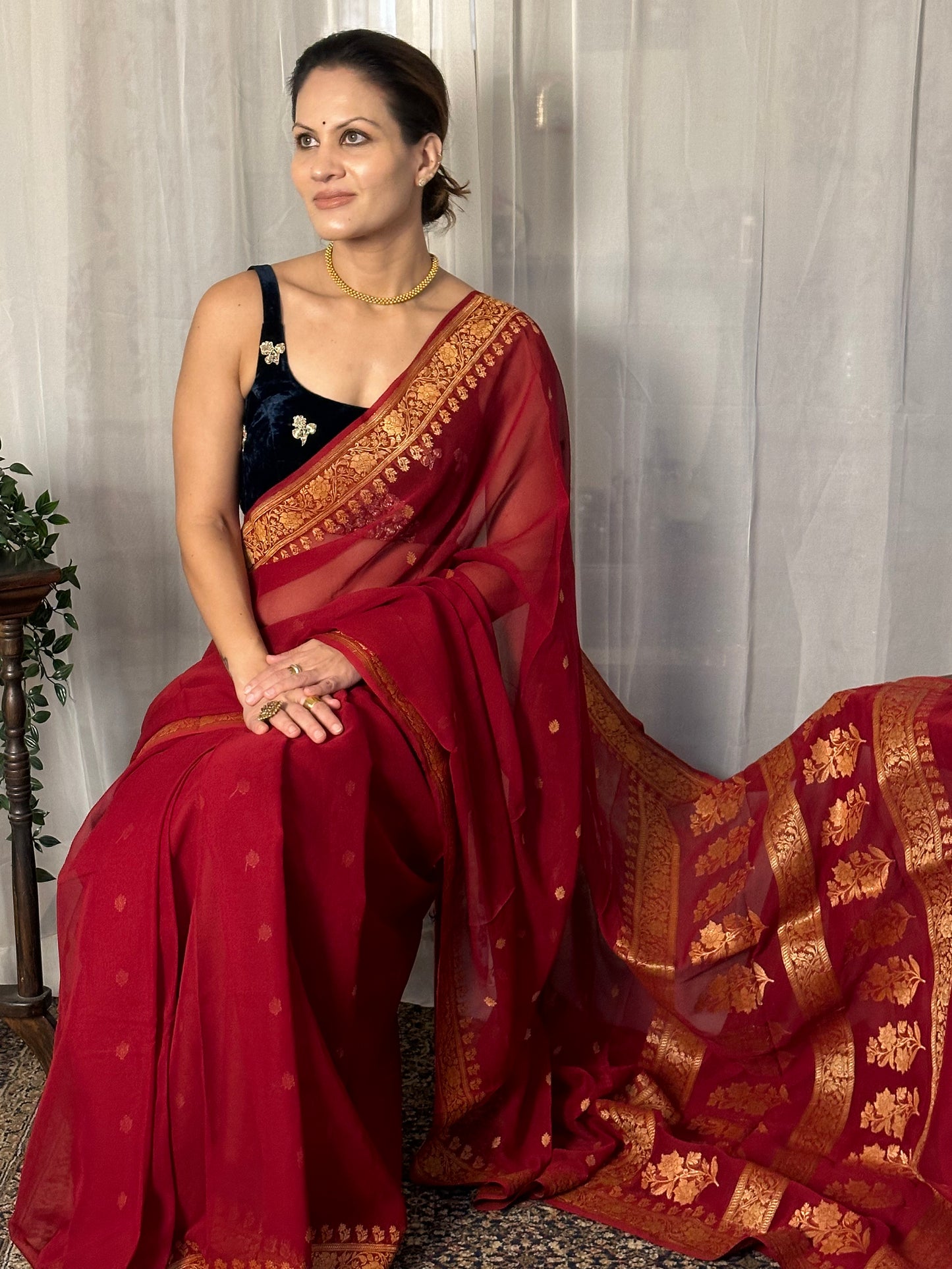 Red Pure Chiffon Khaddi Banarasi Sari with Intricate Gold Zari Work