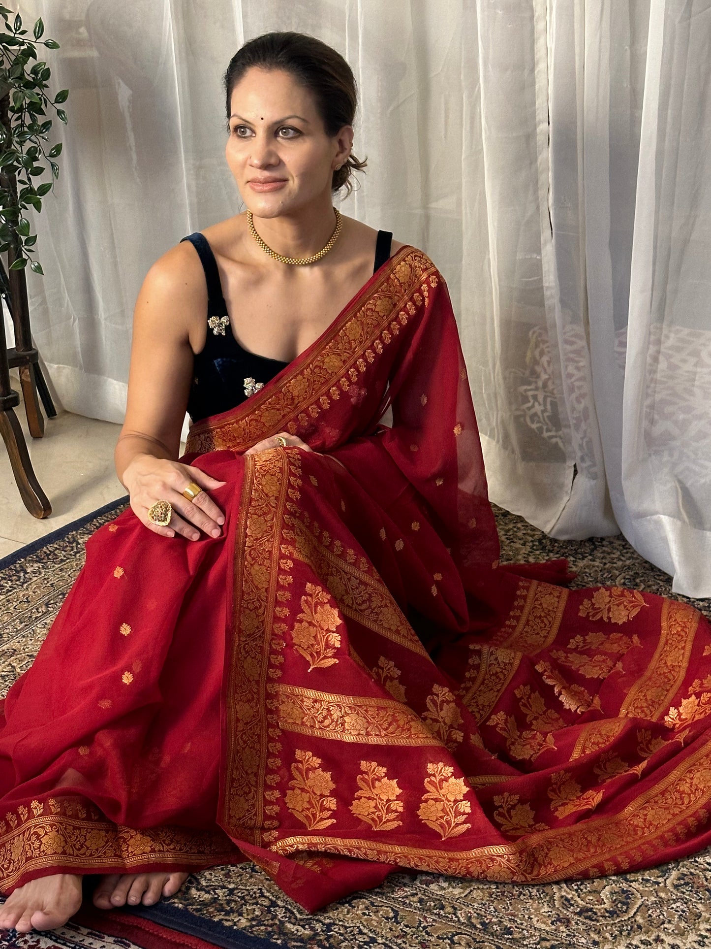 Red Pure Chiffon Khaddi Banarasi Sari with Intricate Gold Zari Work