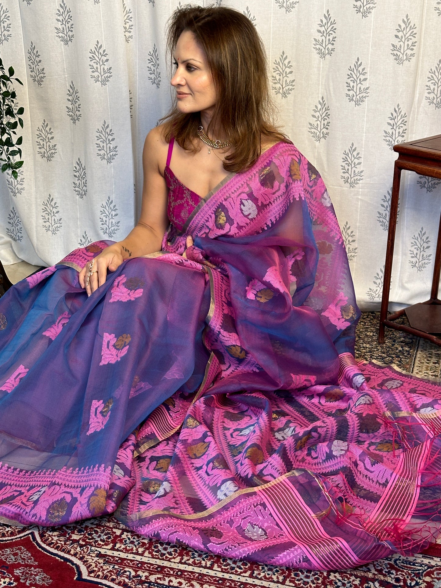 Blue, Purple, & Pink Multi Shade Pure Muslin Silk Handloom Jamdani Saree