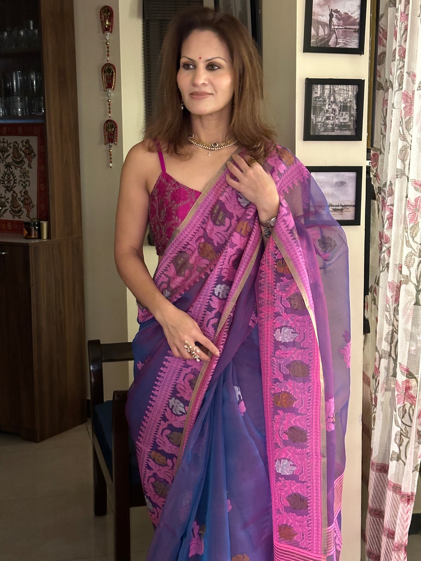 Blue, Purple, & Pink Multi Shade Pure Muslin Silk Handloom Jamdani Saree