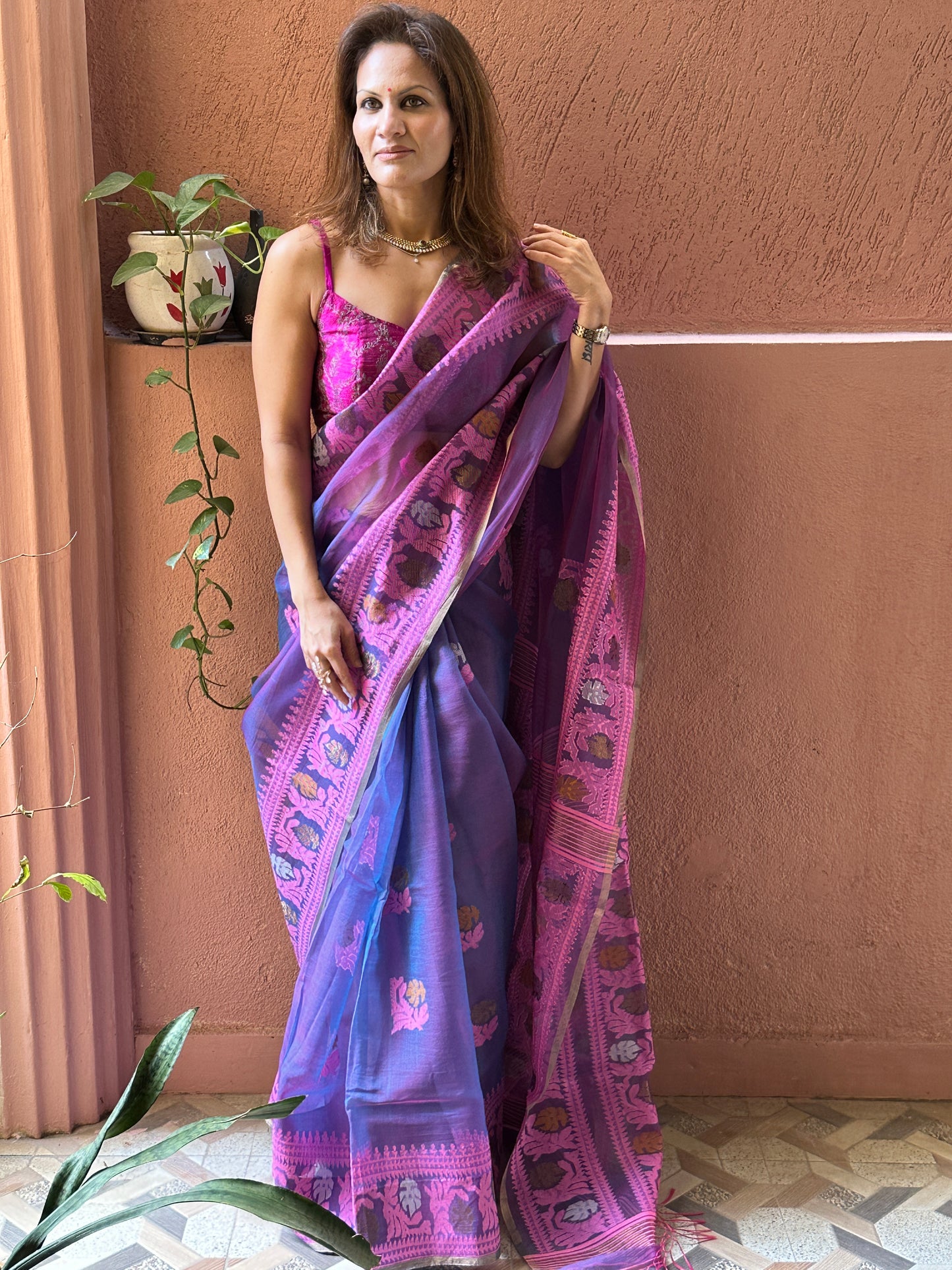 Blue, Purple, & Pink Multi Shade Pure Muslin Silk Handloom Jamdani Saree