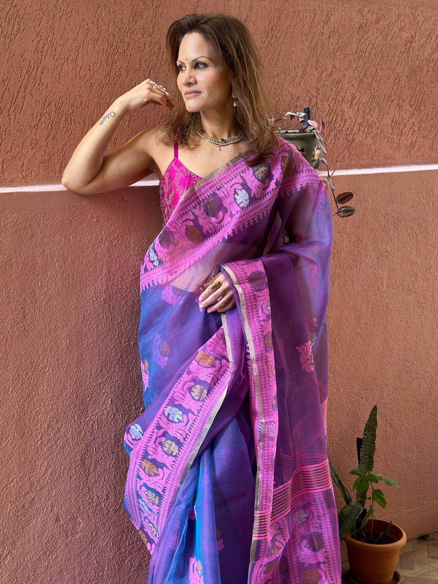 Blue, Purple, & Pink Multi Shade Pure Muslin Silk Handloom Jamdani Saree