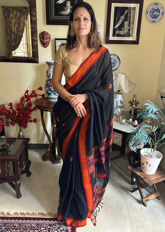 Black Baluchari Sari with Handwoven Design, Floral Butis, & Zari Border - Raahini