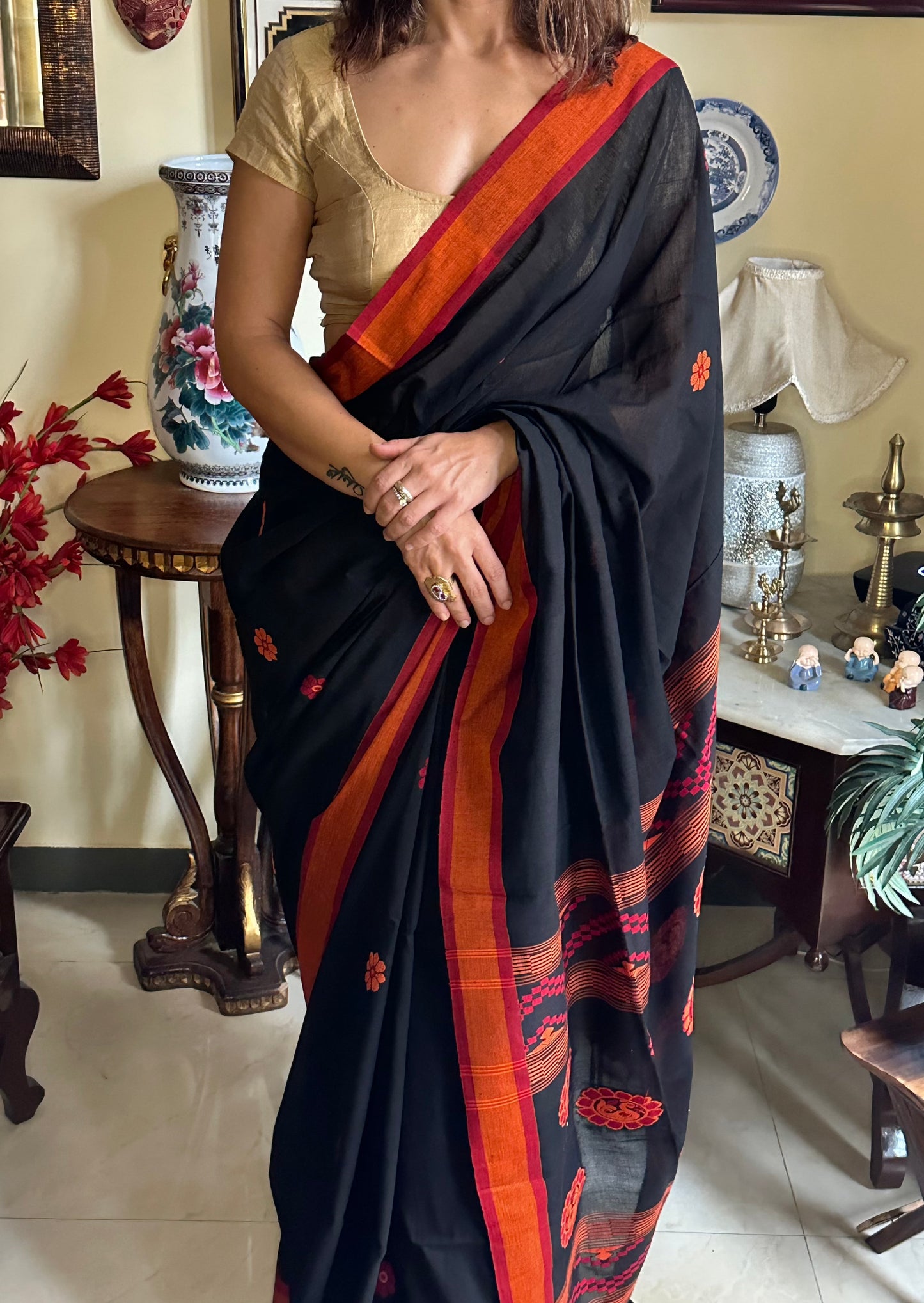 Black Baluchari Sari with Handwoven Design, Floral Butis, & Zari Border - Raahini