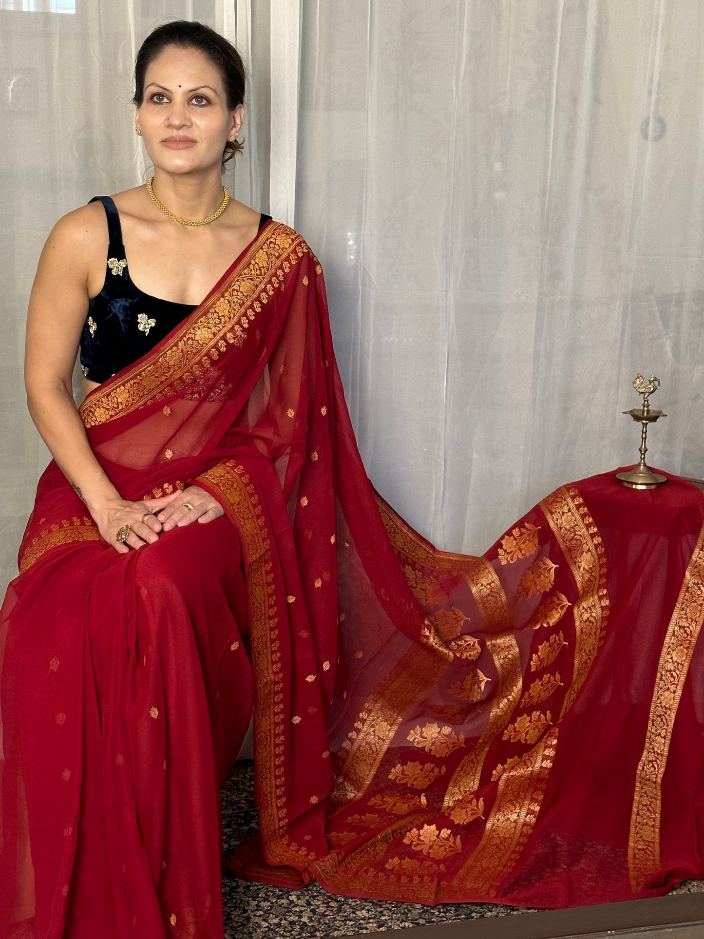 Red Pure Chiffon Khaddi Banarasi Sari with Intricate Gold Zari Work