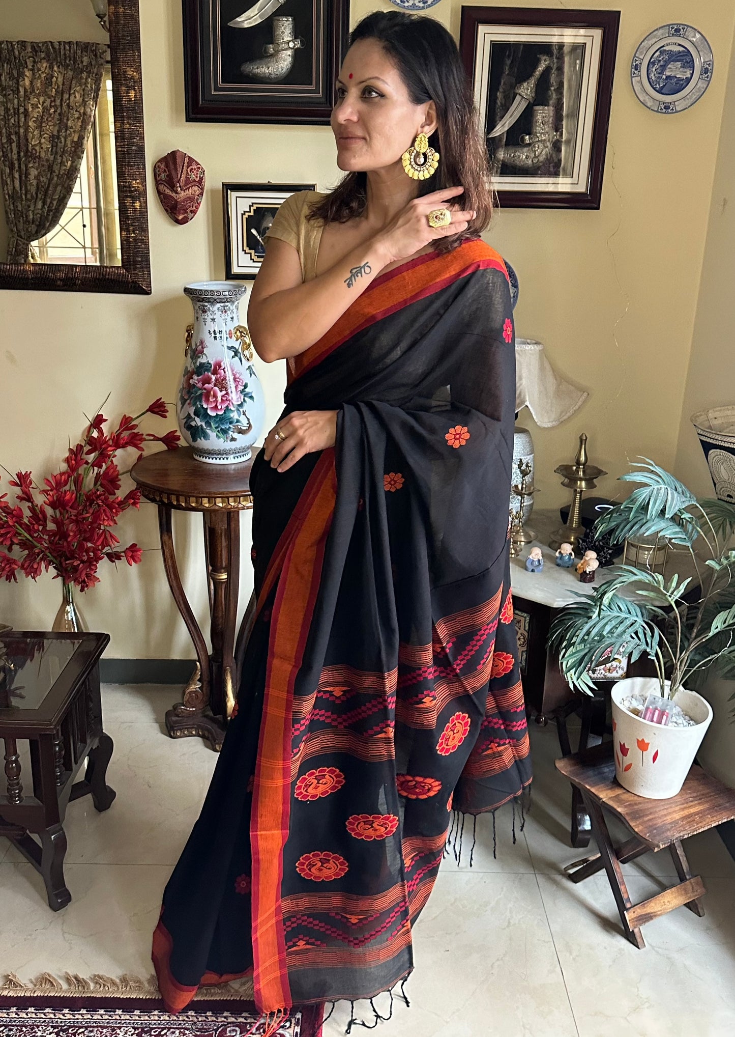 Black Baluchari Sari with Handwoven Design, Floral Butis, & Zari Border - Raahini