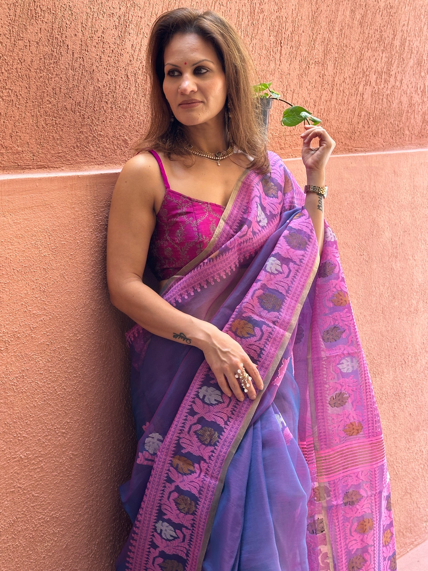 Blue, Purple, & Pink Multi Shade Pure Muslin Silk Handloom Jamdani Saree