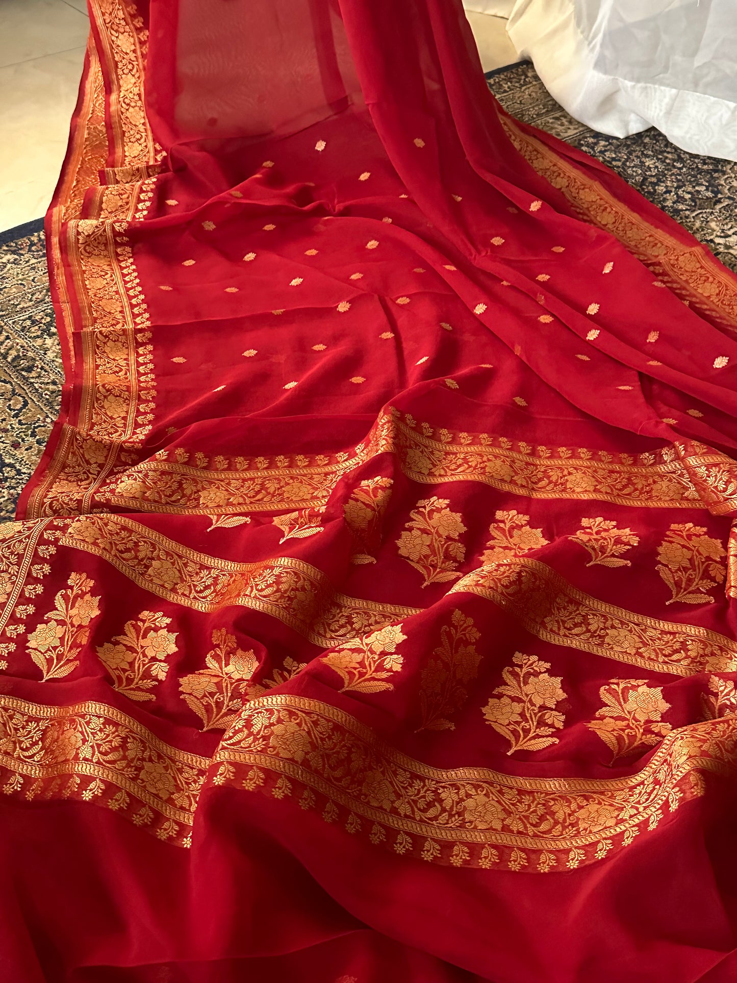 Red Pure Chiffon Khaddi Banarasi Sari with Intricate Gold Zari Work