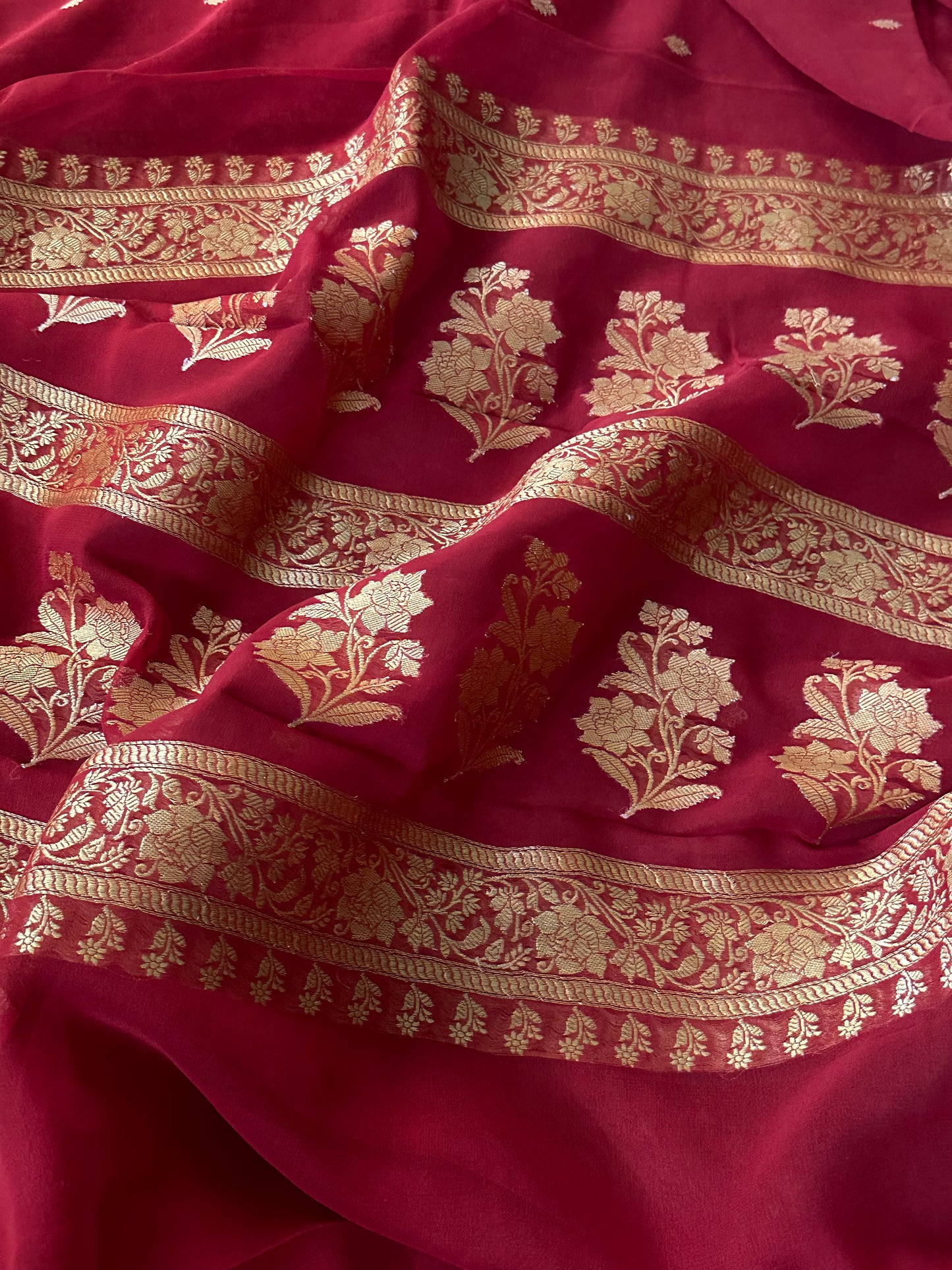 Red Pure Chiffon Khaddi Banarasi Sari with Intricate Gold Zari Work