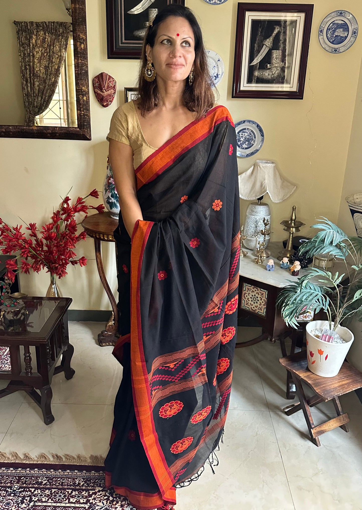 Black Baluchari Sari with Handwoven Design, Floral Butis, & Zari Border - Raahini