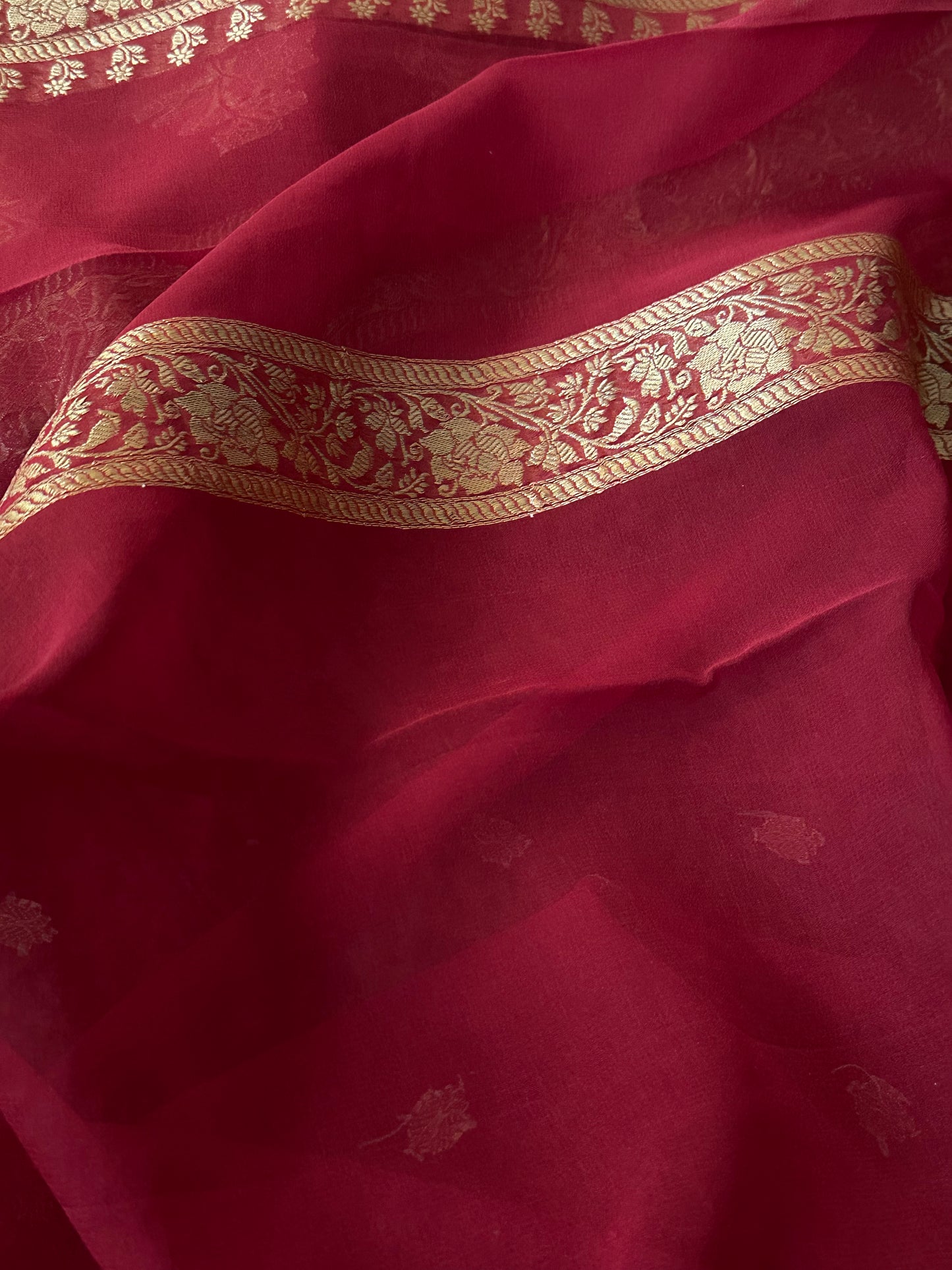 Red Pure Chiffon Khaddi Banarasi Sari with Intricate Gold Zari Work