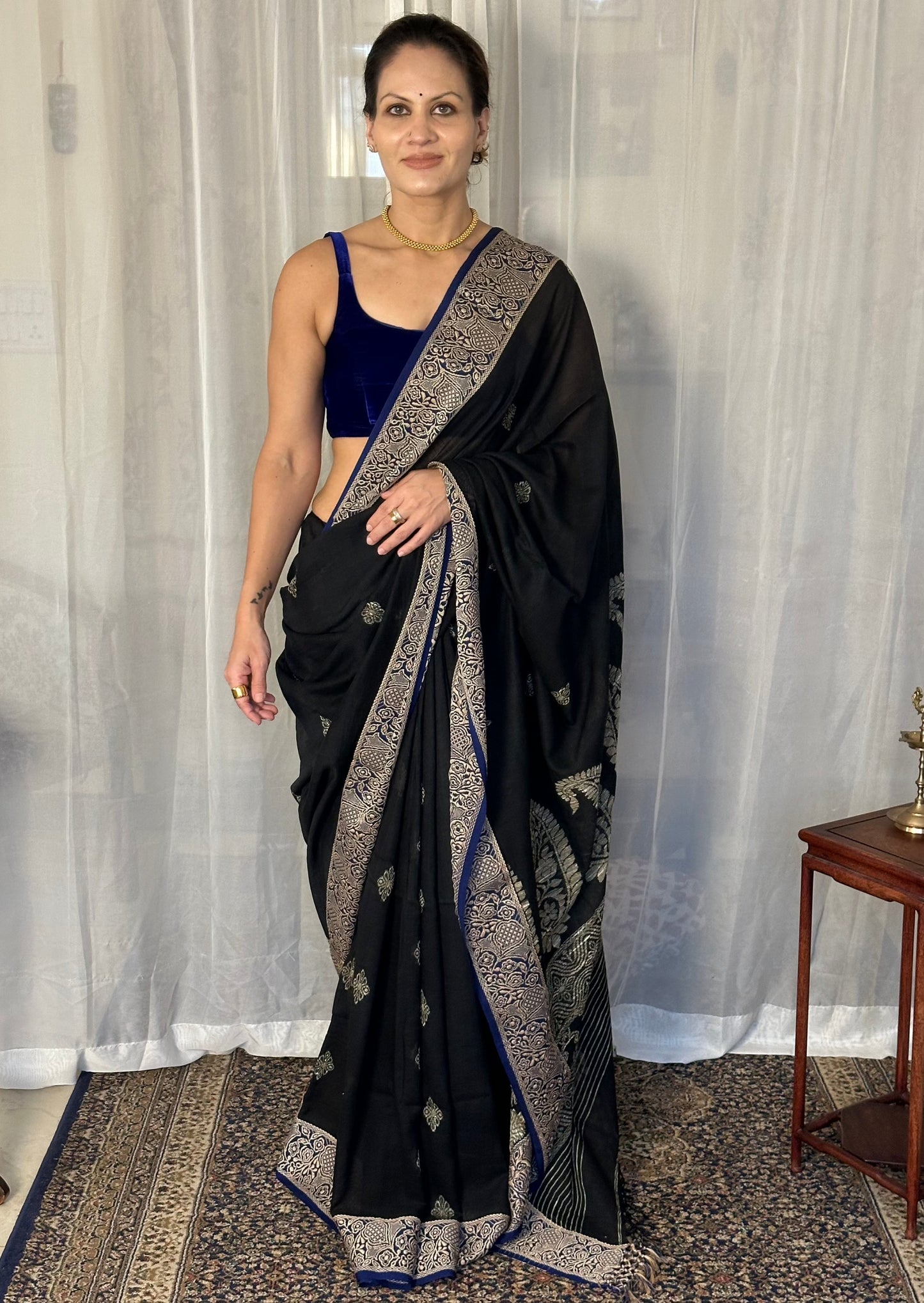 Black Handloom Pure Cotton Jacquard Woven Jamdani Sari with Contrast Blue Border