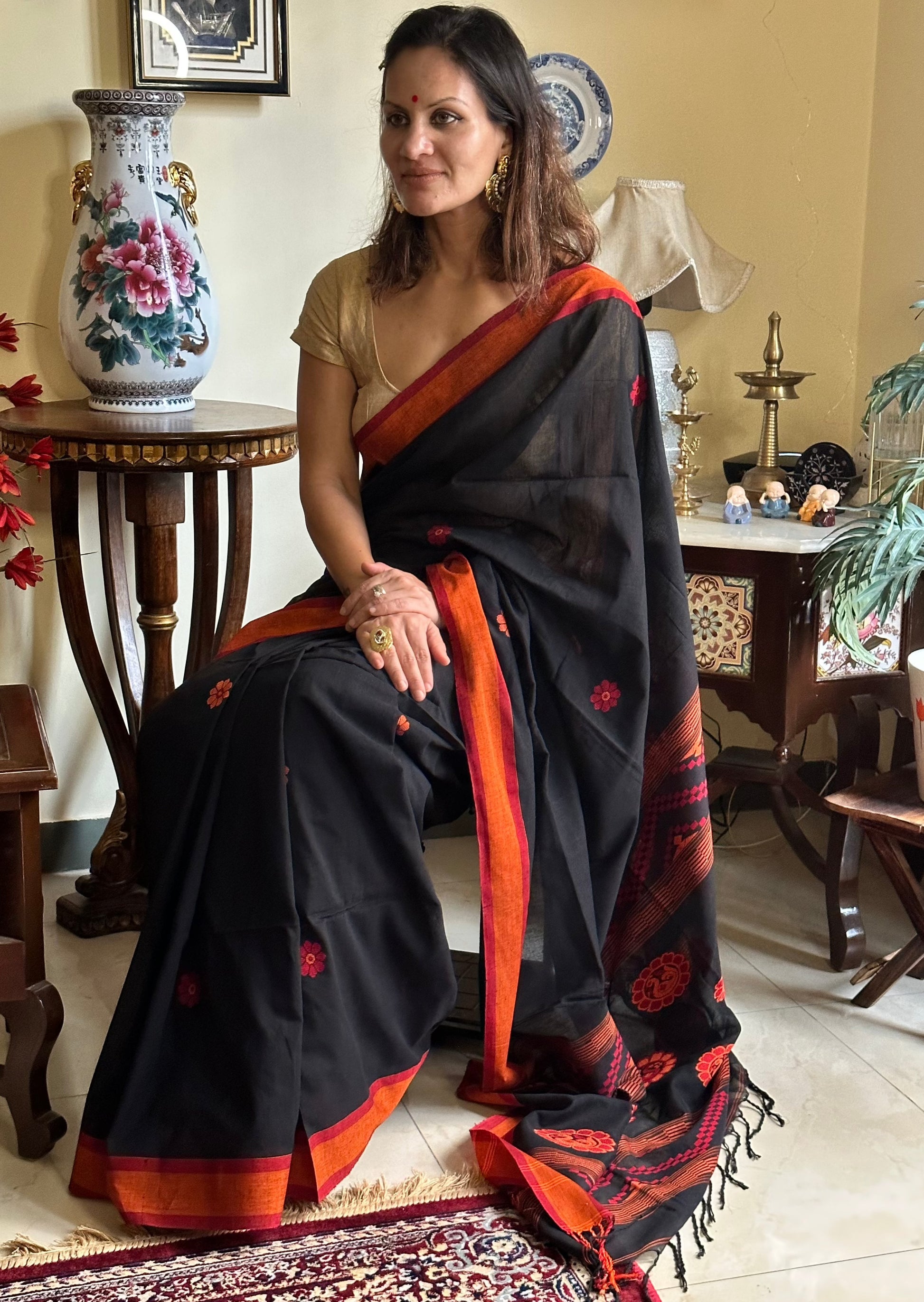 Black Baluchari Sari with Handwoven Design, Floral Butis, & Zari Border - Raahini