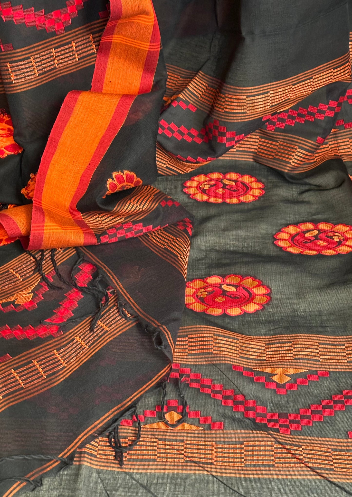 Black Baluchari Sari with Handwoven Design, Floral Butis, & Zari Border - Raahini