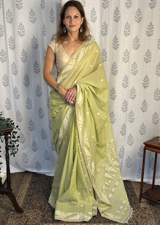 Green Hand Spun and Handwoven Pure Khaadi Sari with Intricate Needle Work Jamdani