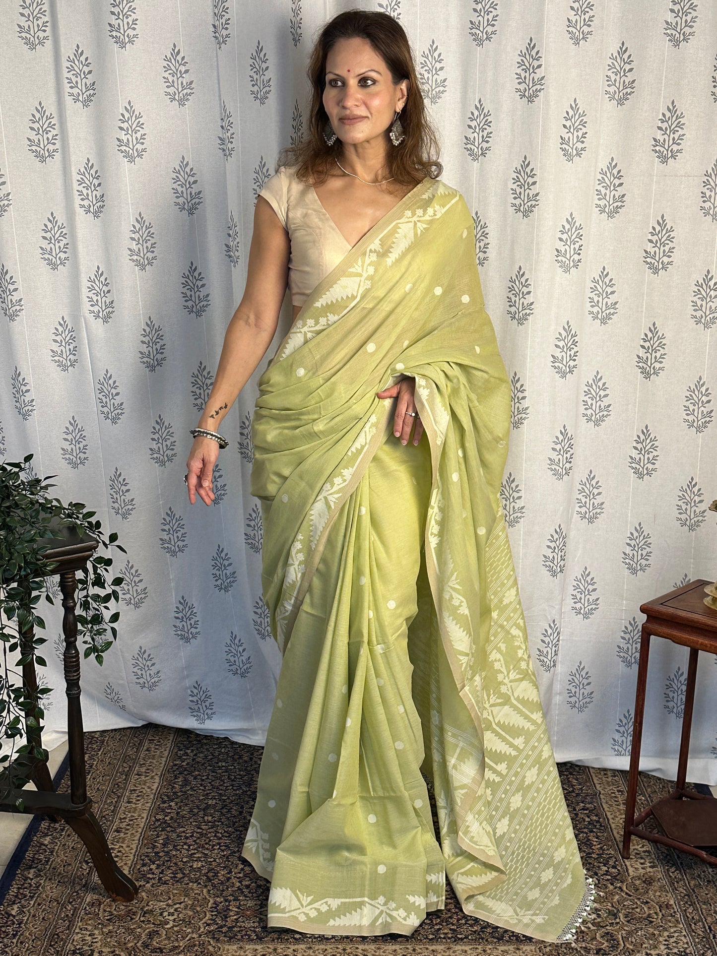 Green Hand Spun and Handwoven Pure Khaadi Sari with Intricate Needle Work Jamdani