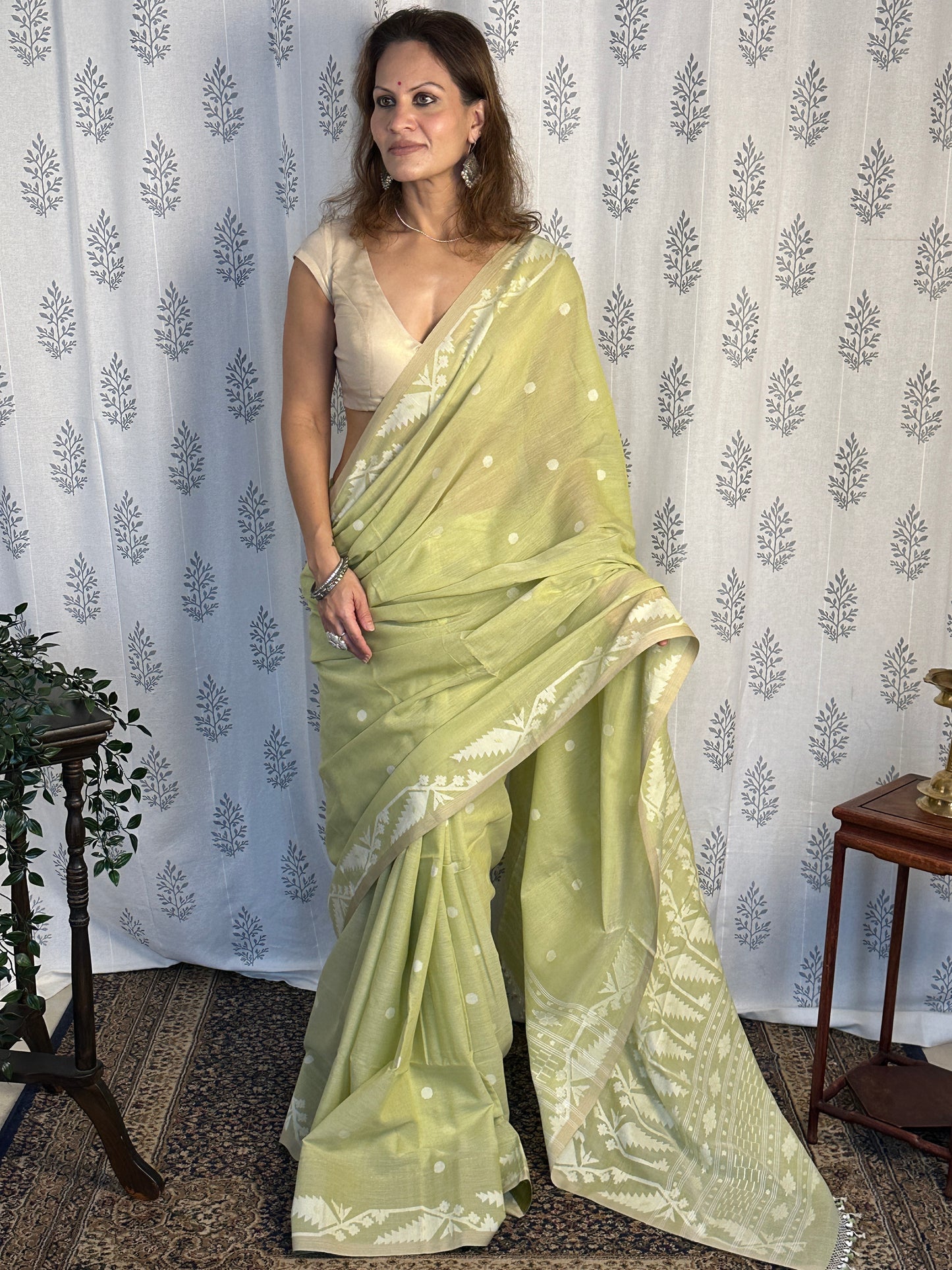 Green Hand Spun and Handwoven Pure Khaadi Sari with Intricate Needle Work Jamdani