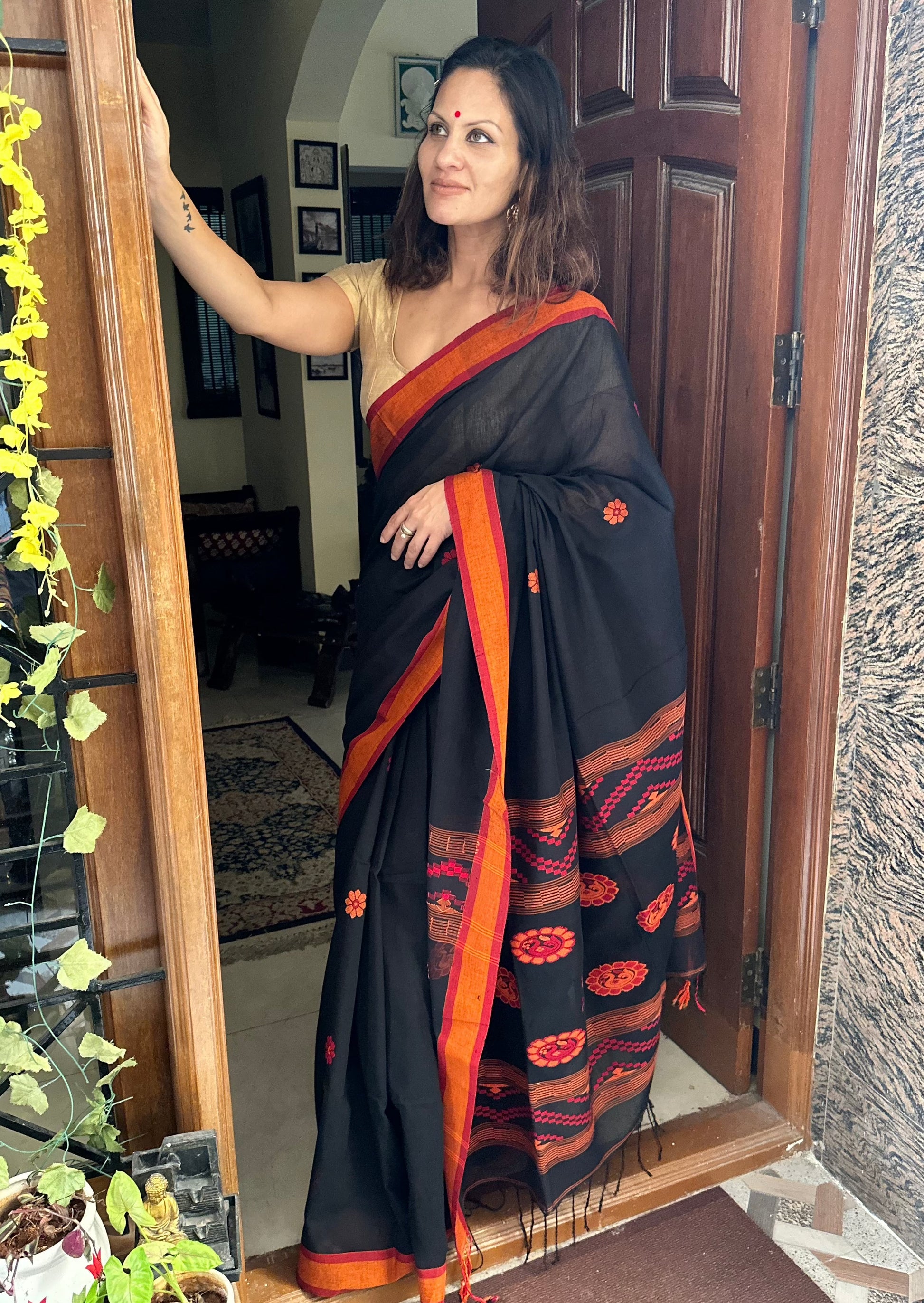 Black Baluchari Sari with Handwoven Design, Floral Butis, & Zari Border - Raahini