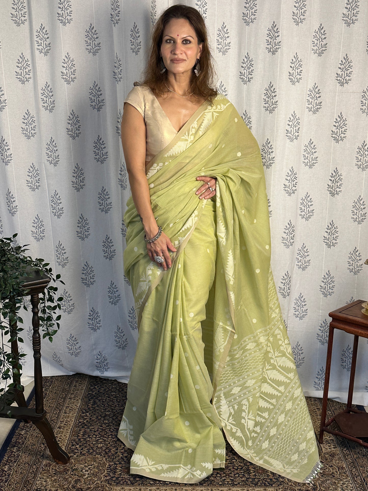 Green Hand Spun and Handwoven Pure Khaadi Sari with Intricate Needle Work Jamdani