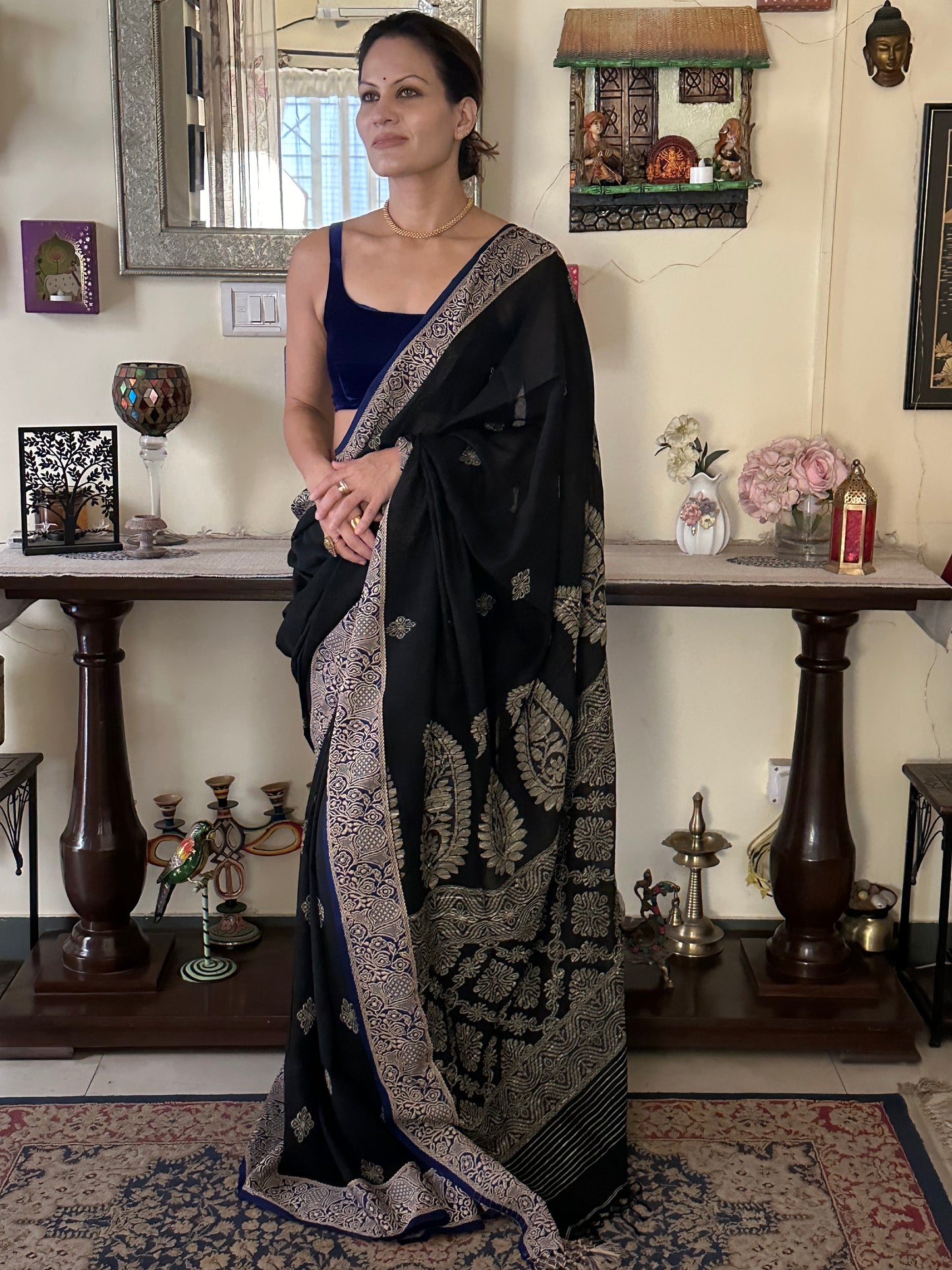 Black Handloom Pure Cotton Jacquard Woven Jamdani Sari with Contrast Blue Border