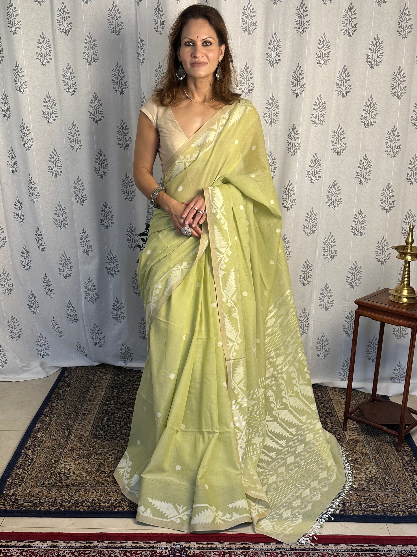 Green Hand Spun and Handwoven Pure Khaadi Sari with Intricate Needle Work Jamdani