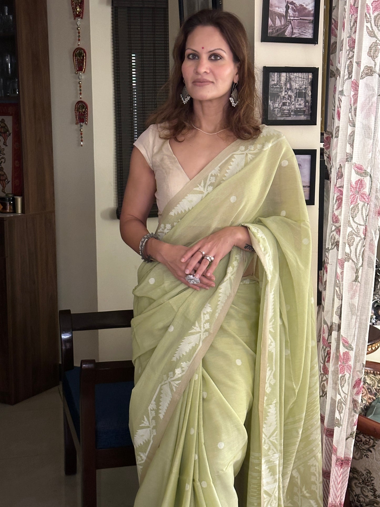 Green Hand Spun and Handwoven Pure Khaadi Sari with Intricate Needle Work Jamdani