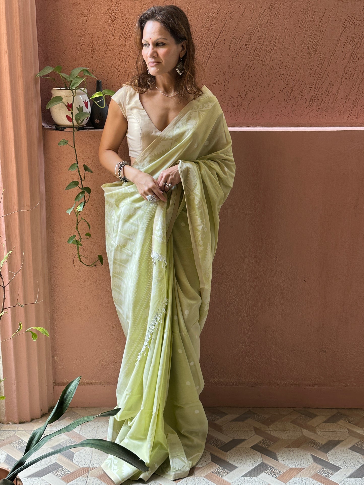 Green Hand Spun and Handwoven Pure Khaadi Sari with Intricate Needle Work Jamdani