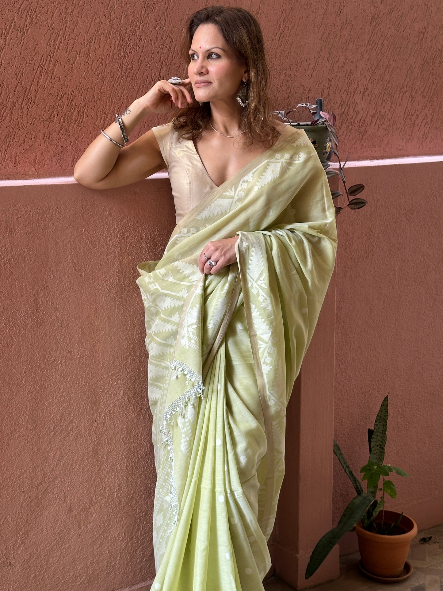 Green Hand Spun and Handwoven Pure Khaadi Sari with Intricate Needle Work Jamdani