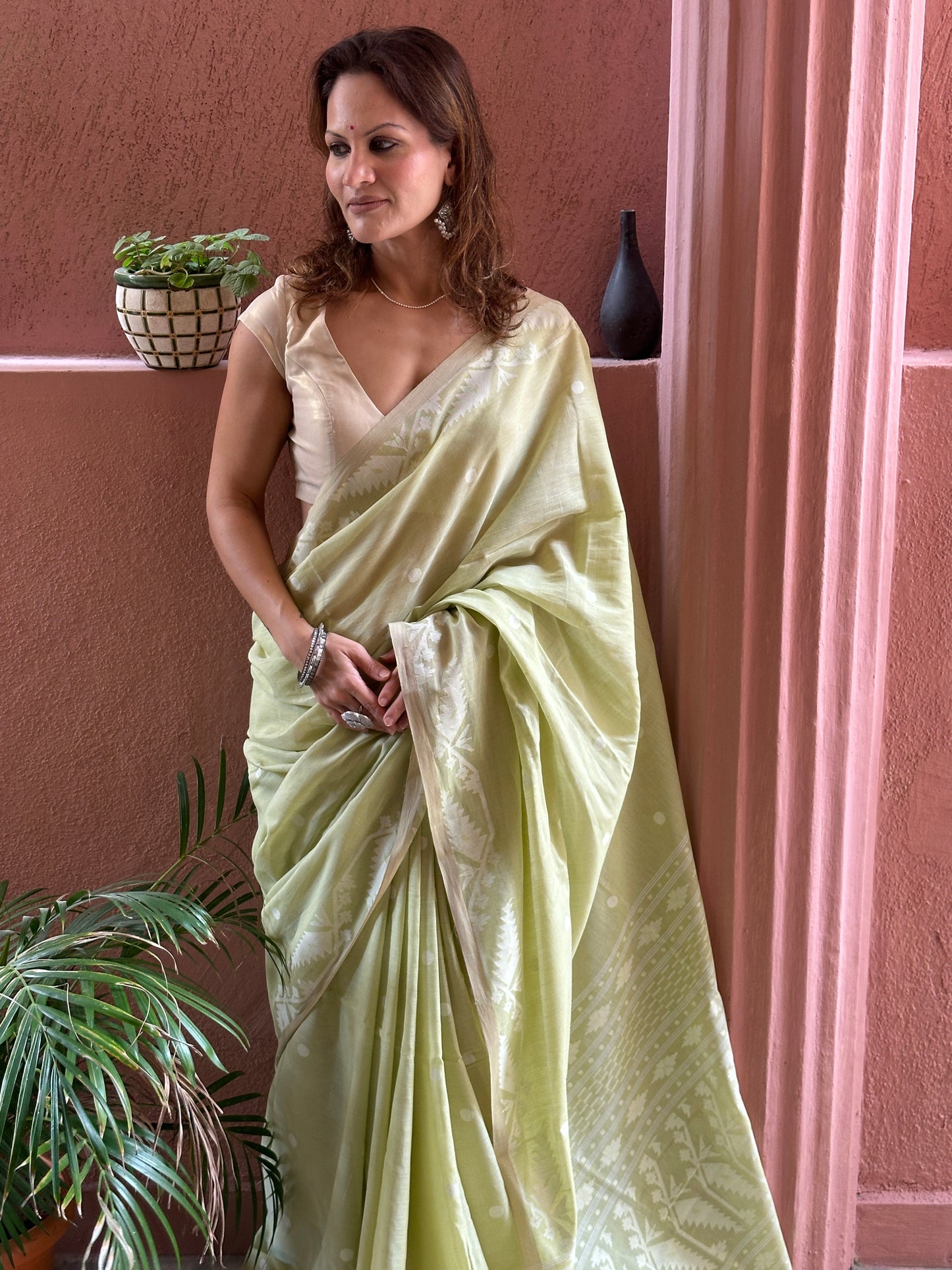 Green Hand Spun and Handwoven Pure Khaadi Sari with Intricate Needle Work Jamdani