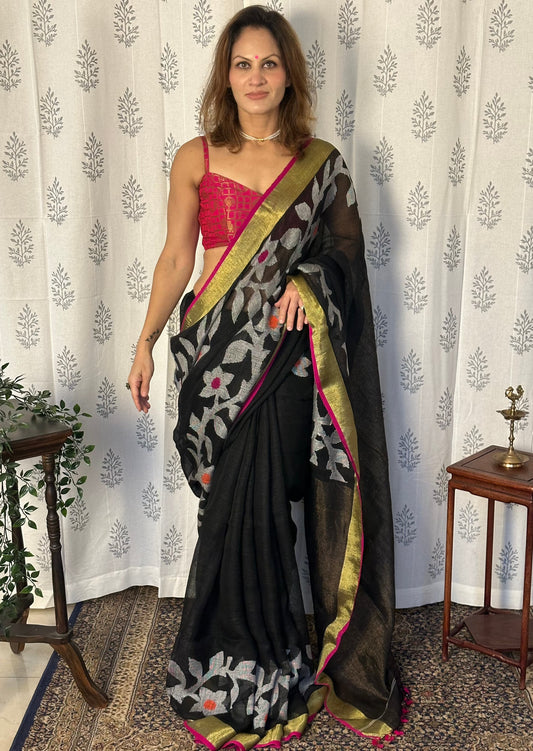 Black Handloom Pure Linen Jamdani Sari with Contrast Pink Border & Zari Woven Pallu