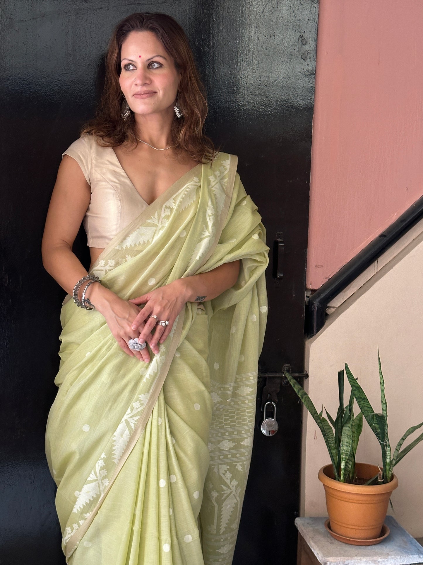 Green Hand Spun and Handwoven Pure Khaadi Sari with Intricate Needle Work Jamdani