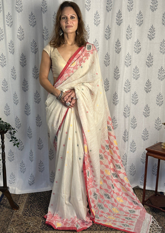 Cream Handloom Pure Khaadi Jamdani Saree with Red Border