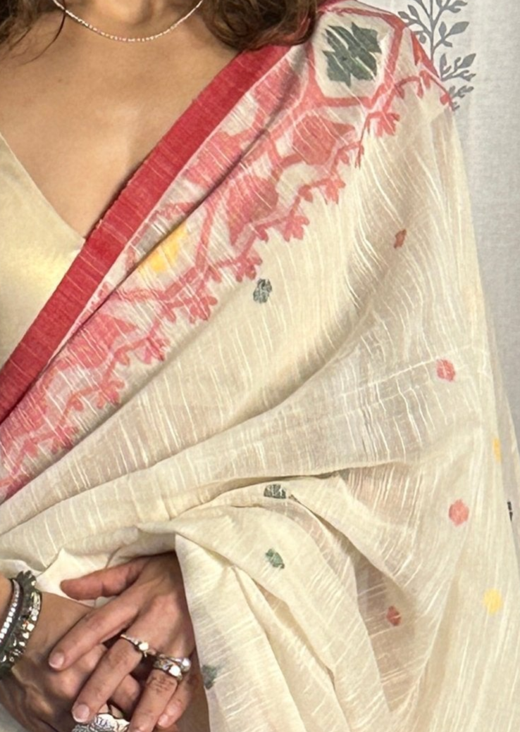 Cream Handloom Pure Khaadi Jamdani Saree with Red Border