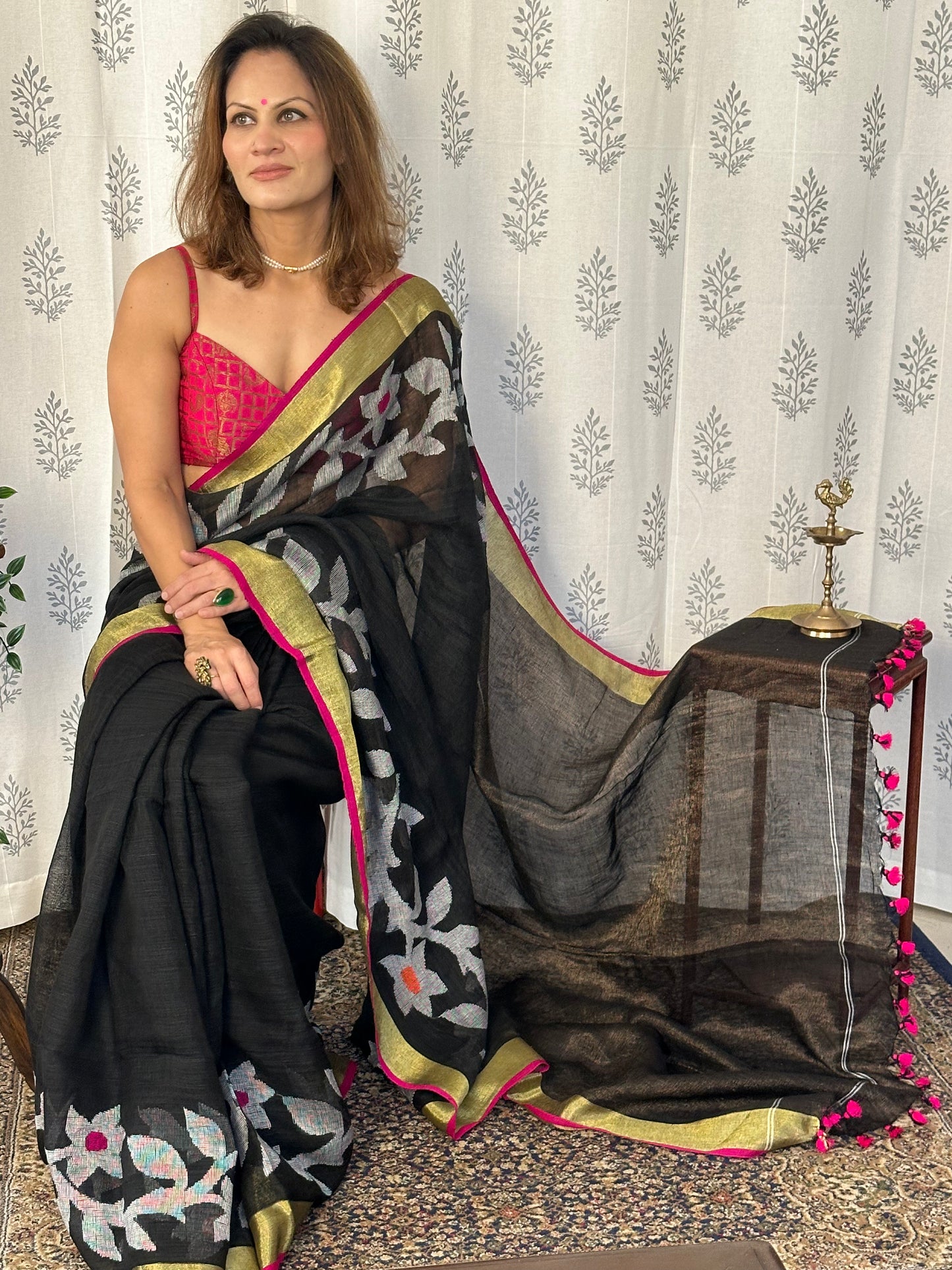 Black Handloom Pure Linen Jamdani Sari with Contrast Pink Border & Zari Woven Pallu