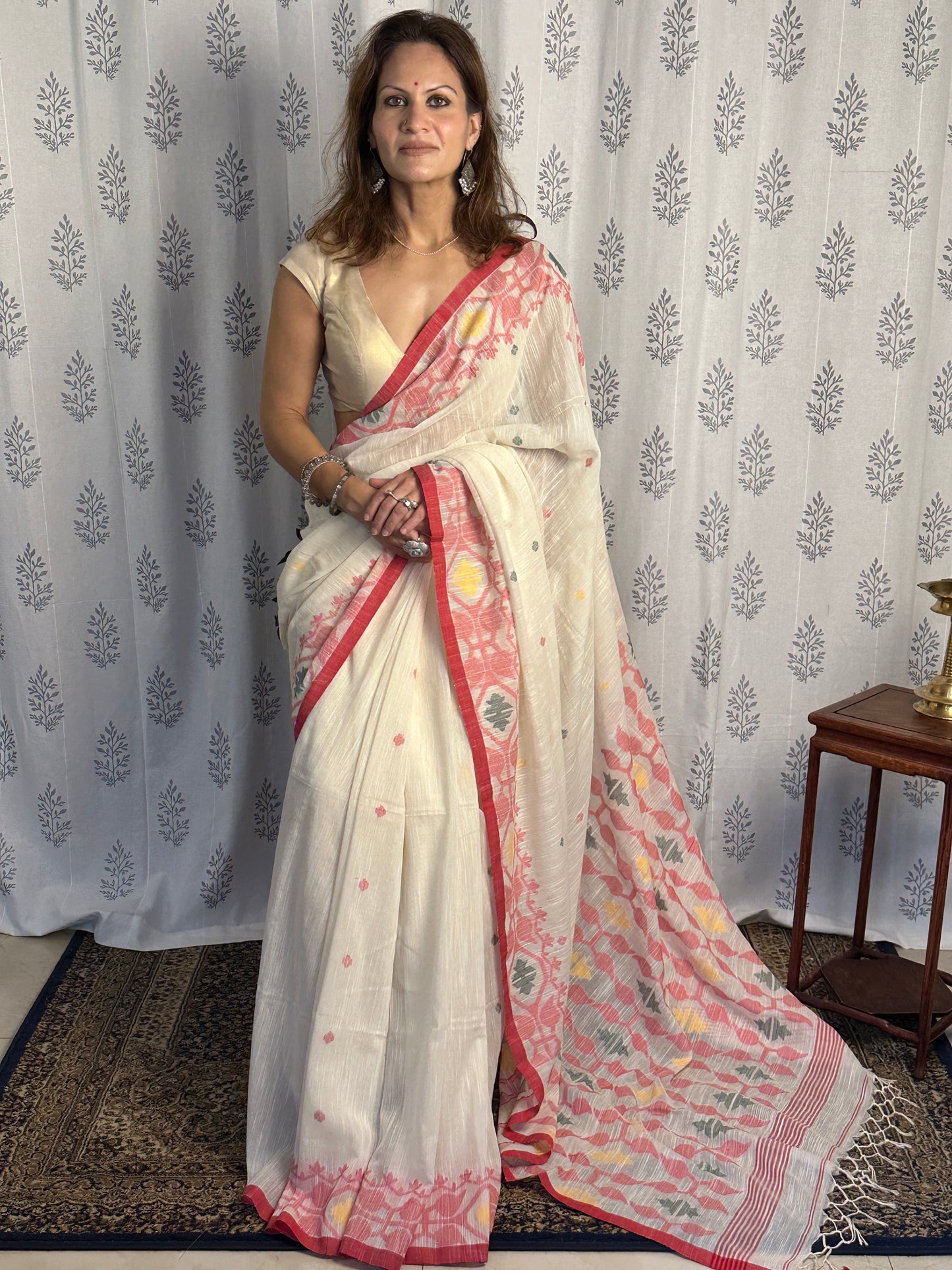 Cream Handloom Pure Khaadi Jamdani Saree with Red Border