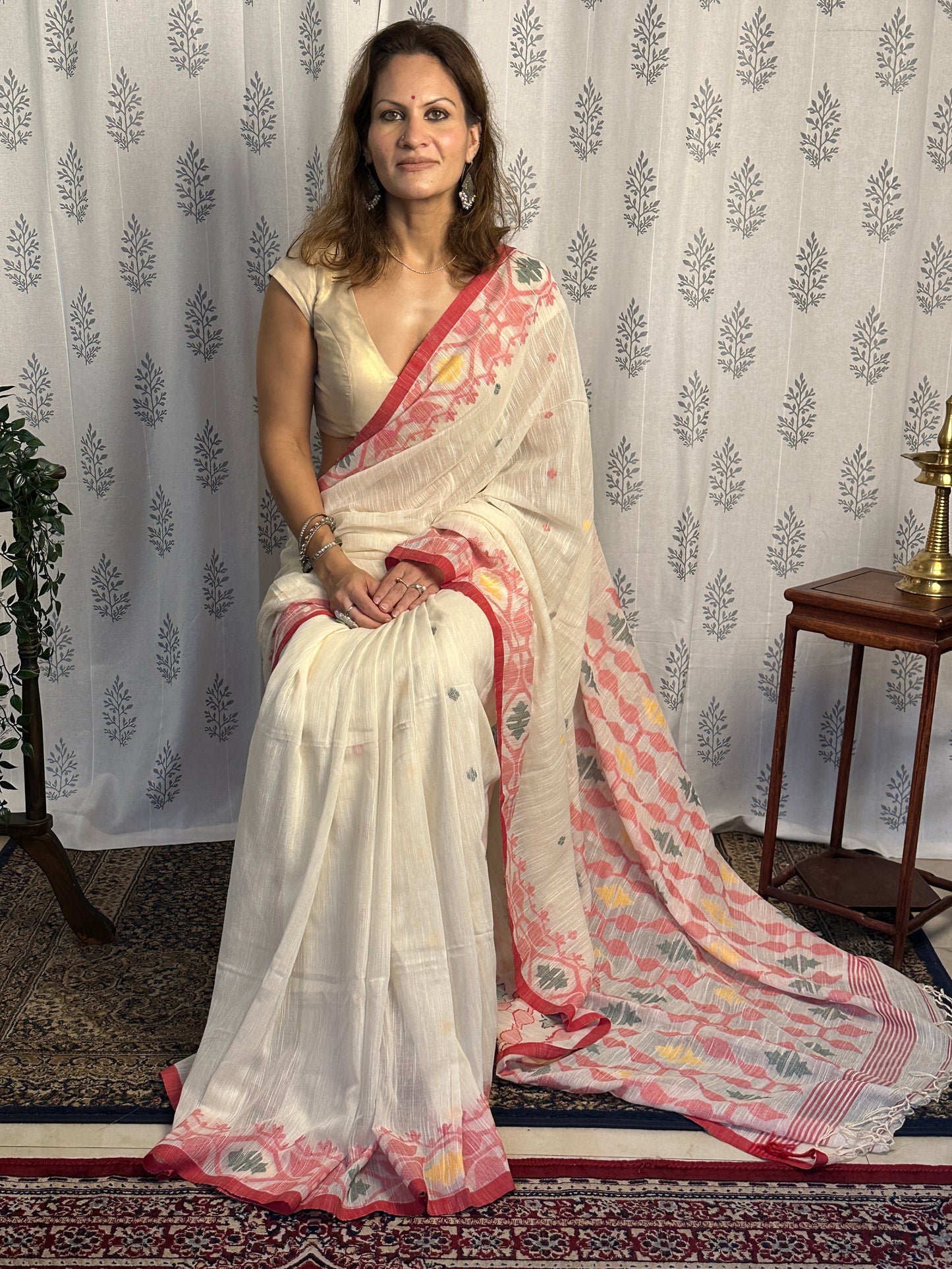 Cream Handloom Pure Khaadi Jamdani Saree with Red Border