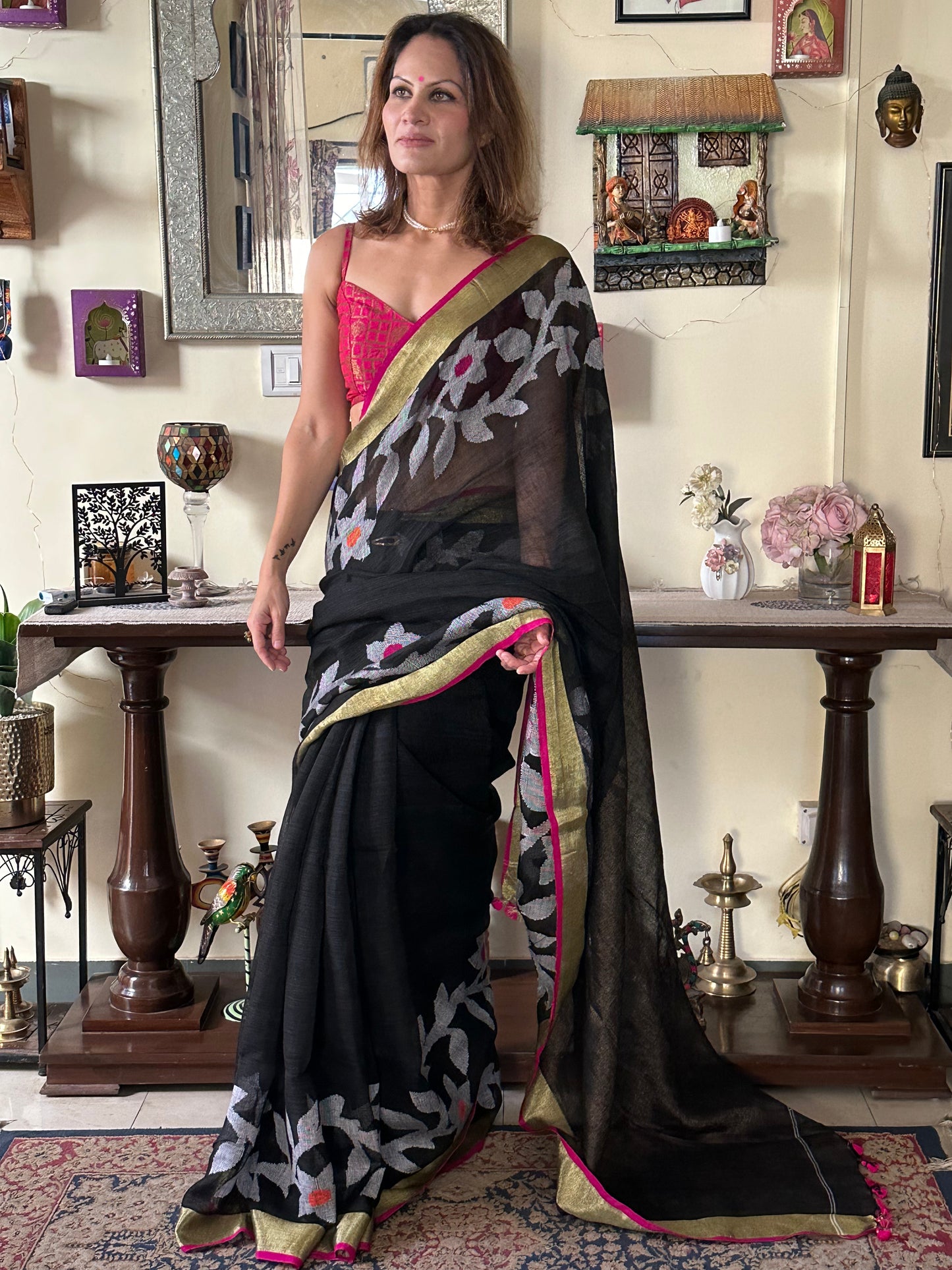 Black Handloom Pure Linen Jamdani Sari with Contrast Pink Border & Zari Woven Pallu