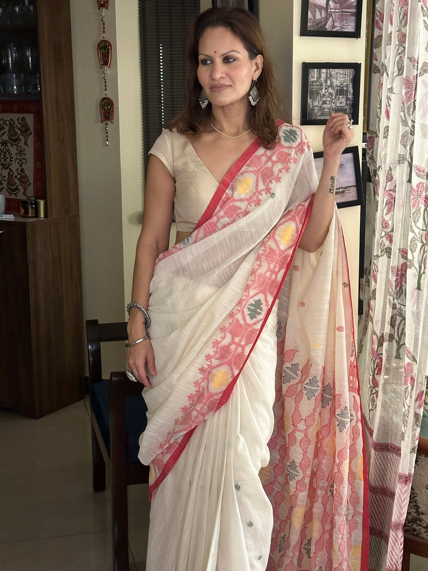 Cream Handloom Pure Khaadi Jamdani Saree with Red Border