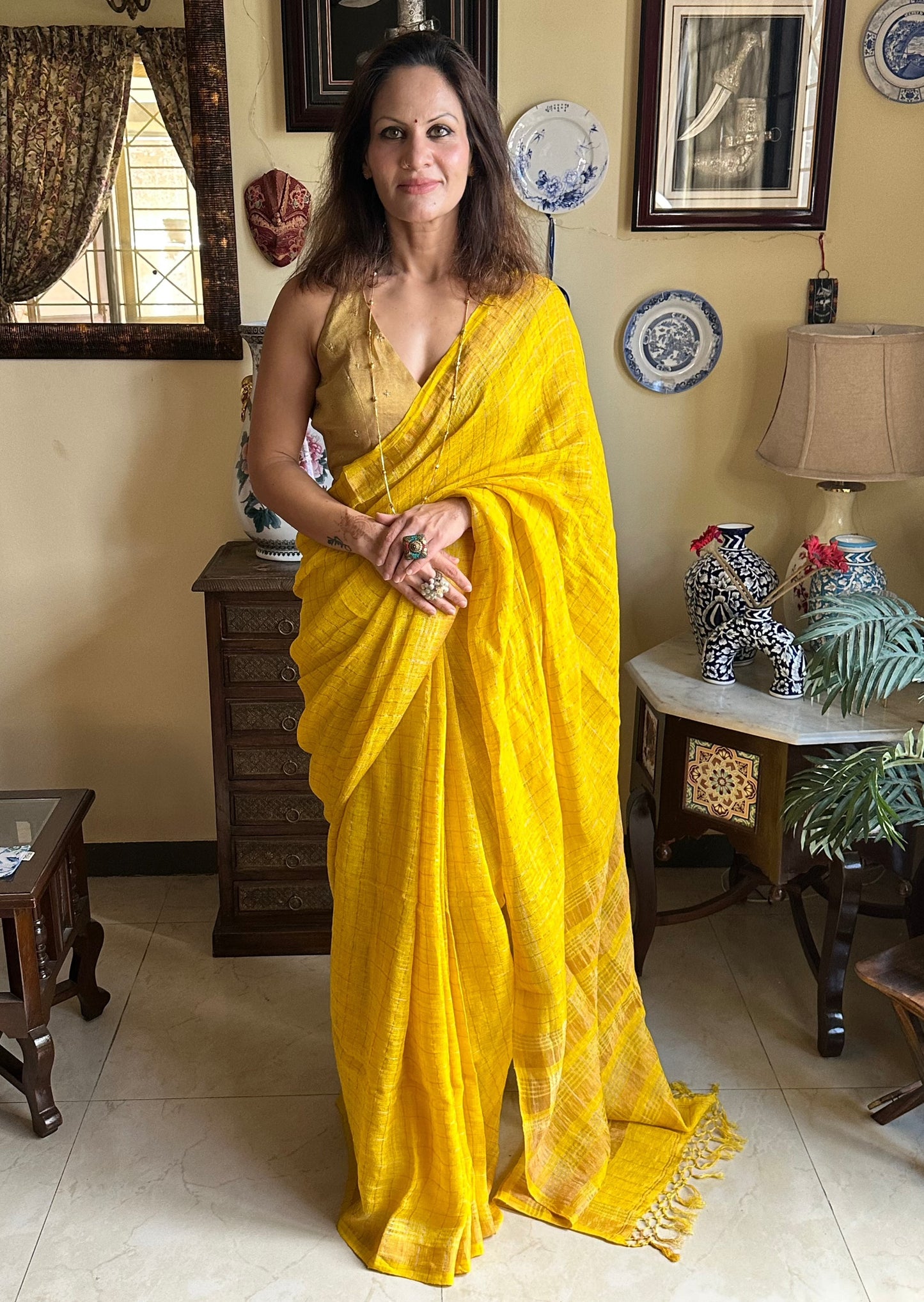 Yellow Pure Linen Sari with Silver and Gold Zari Checks - Raahini