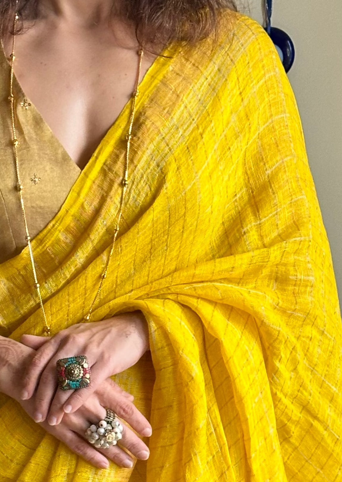 Yellow Pure Linen Sari with Silver and Gold Zari Checks - Raahini