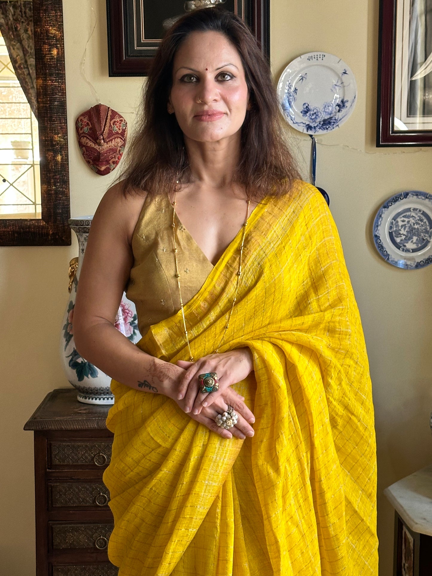 Yellow Pure Linen Sari with Silver and Gold Zari Checks - Raahini