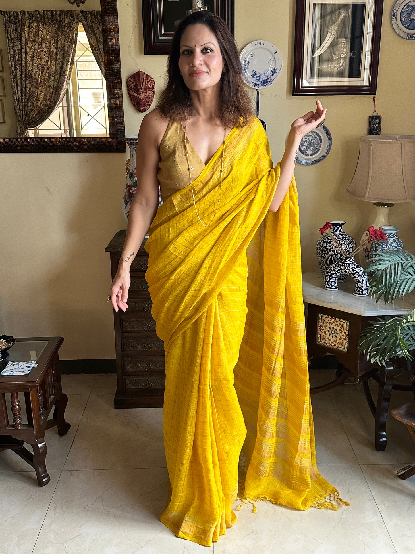 Yellow Pure Linen Sari with Silver and Gold Zari Checks - Raahini