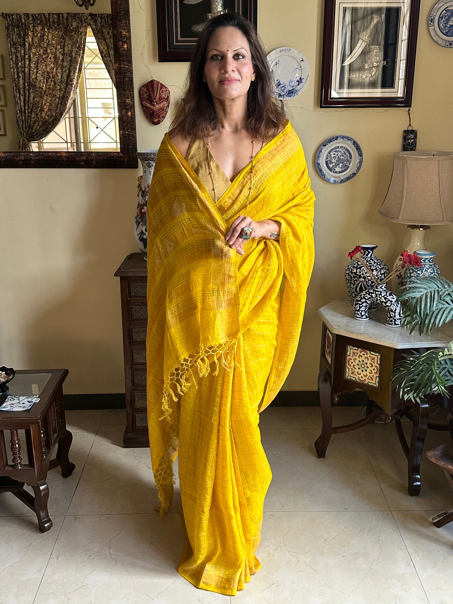 Yellow Pure Linen Sari with Silver and Gold Zari Checks - Raahini