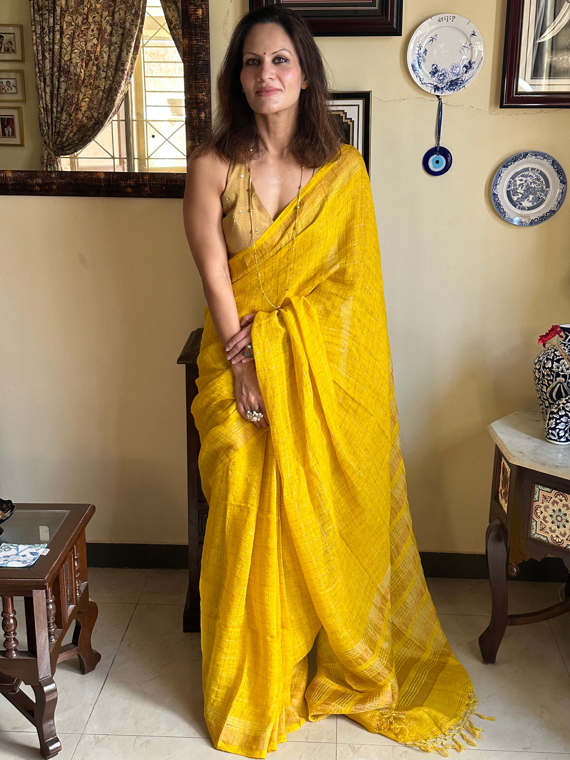 Yellow Pure Linen Sari with Silver and Gold Zari Checks - Raahini