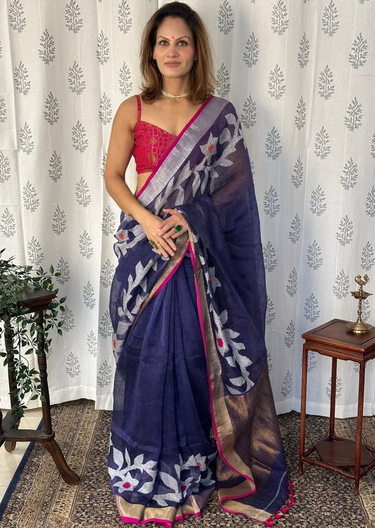 Blue Handloom Pure Linen Jamdani Sari with Contrast Pink, Gold, & Silver Border & Zari Woven Pallu