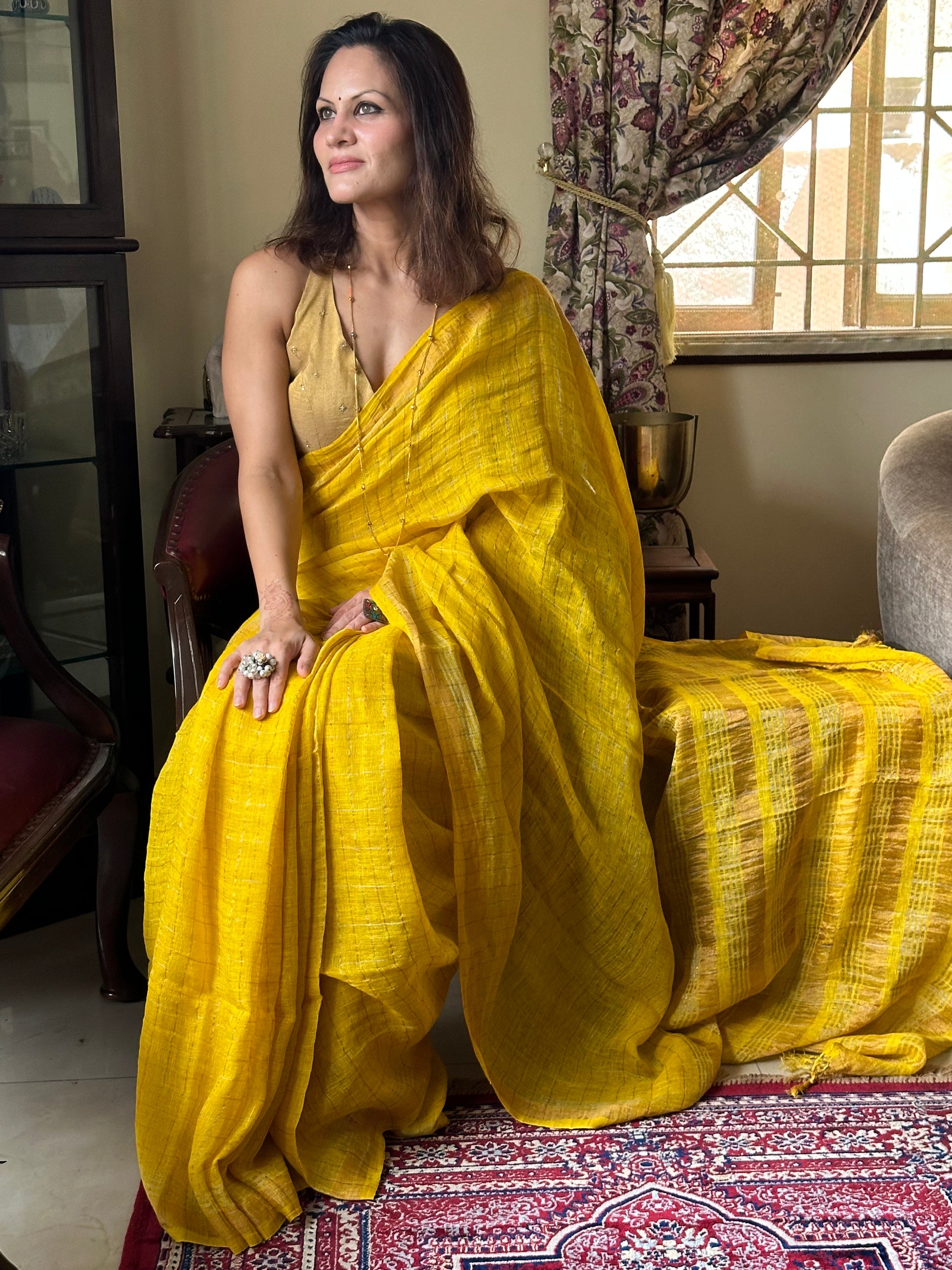 Yellow Pure Linen Sari with Silver and Gold Zari Checks - Raahini